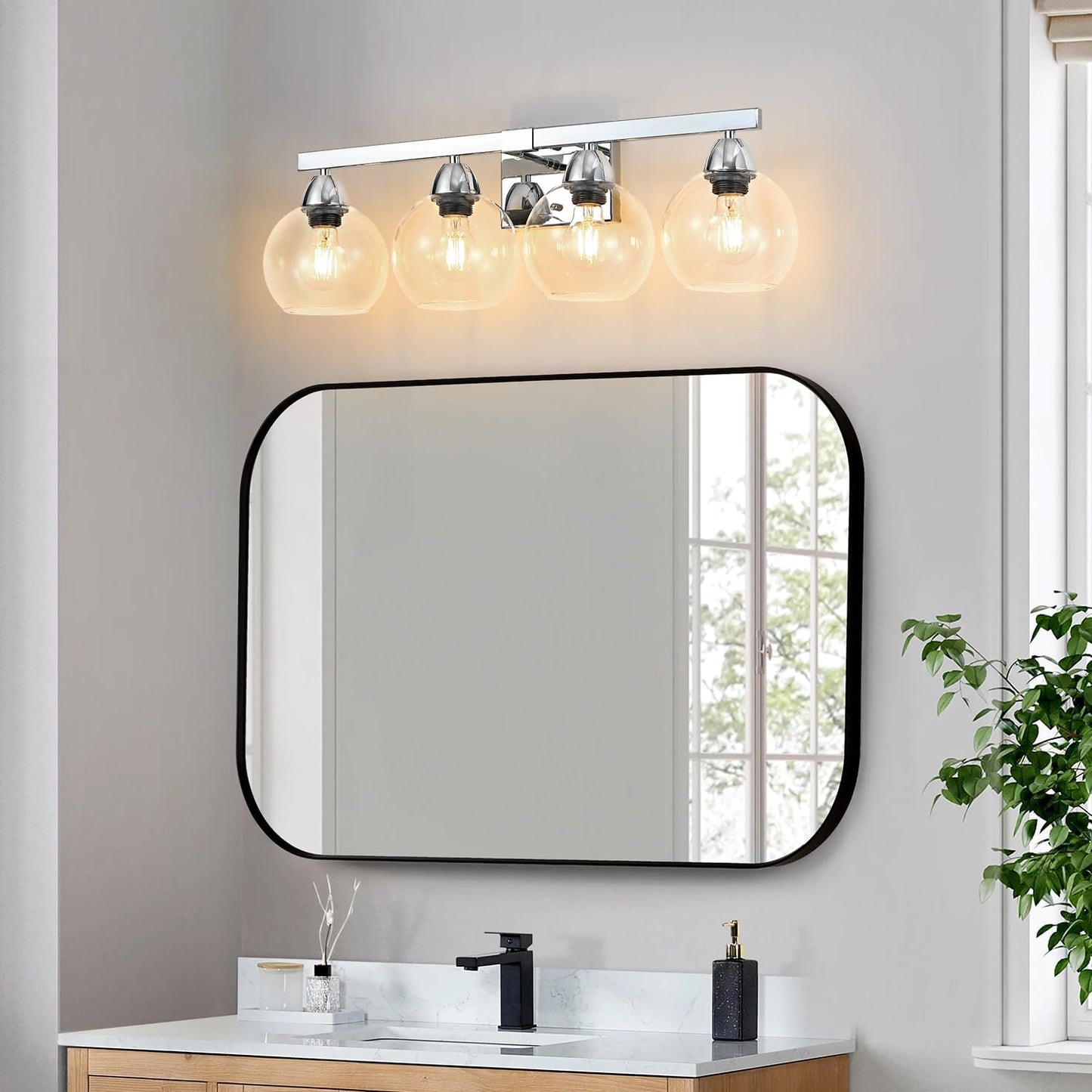 4-Light Bathroom Vanity Light, Silver Wall Sconce with Premium Hand-Crafted Glass, Shatter-Resistant & Enhanced Clarity, Perfect for Mirror, Living Room, Hallway