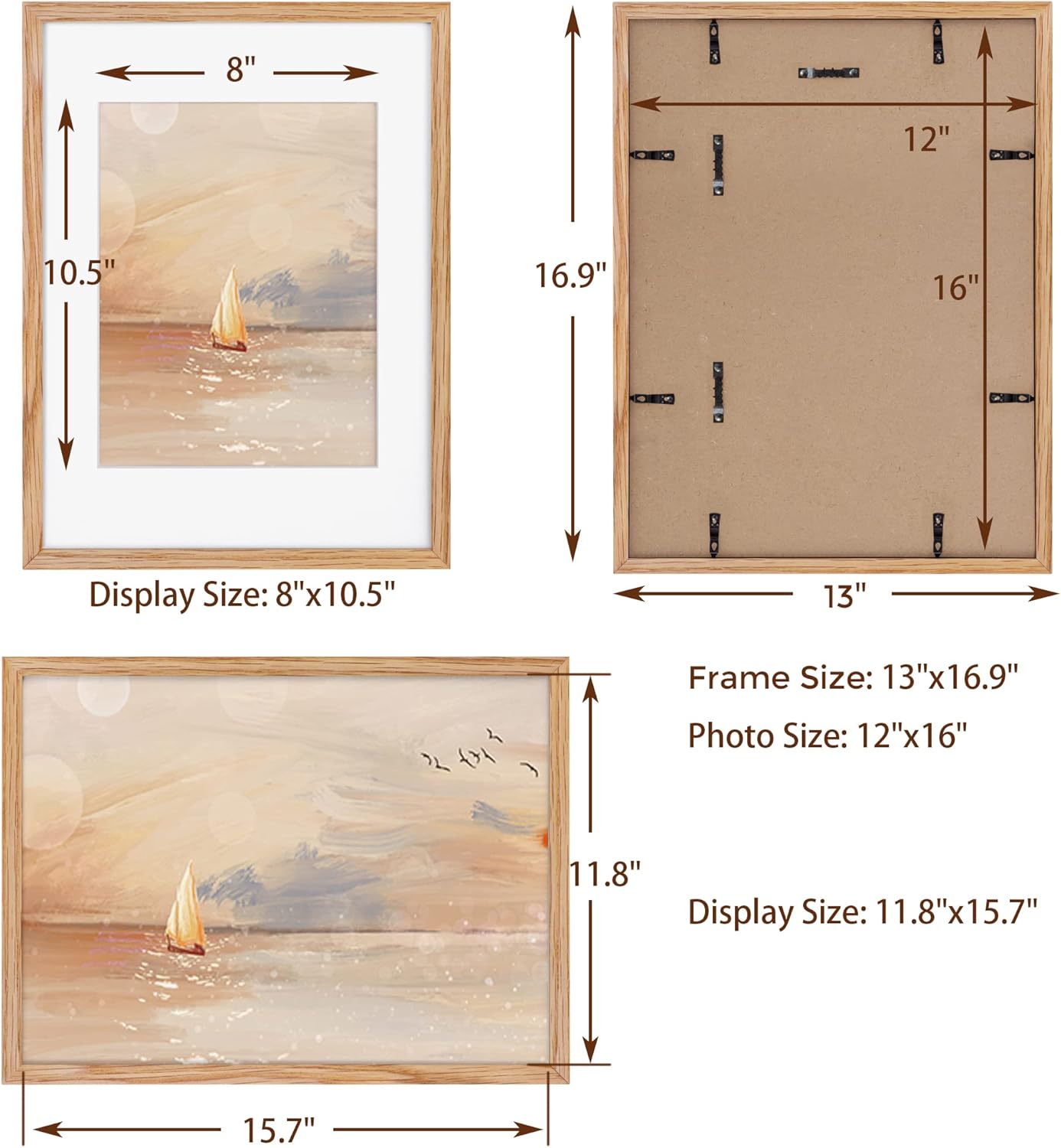 Fun Memories 12x16 Picture Frame Set of 3, Natural Oak Wood Frame 12 x 16 Poster Frame for Wall, 12"x16" Oak Wood Frame Matted to 8.5x11, Wood 12x16 Frames for Home Decor