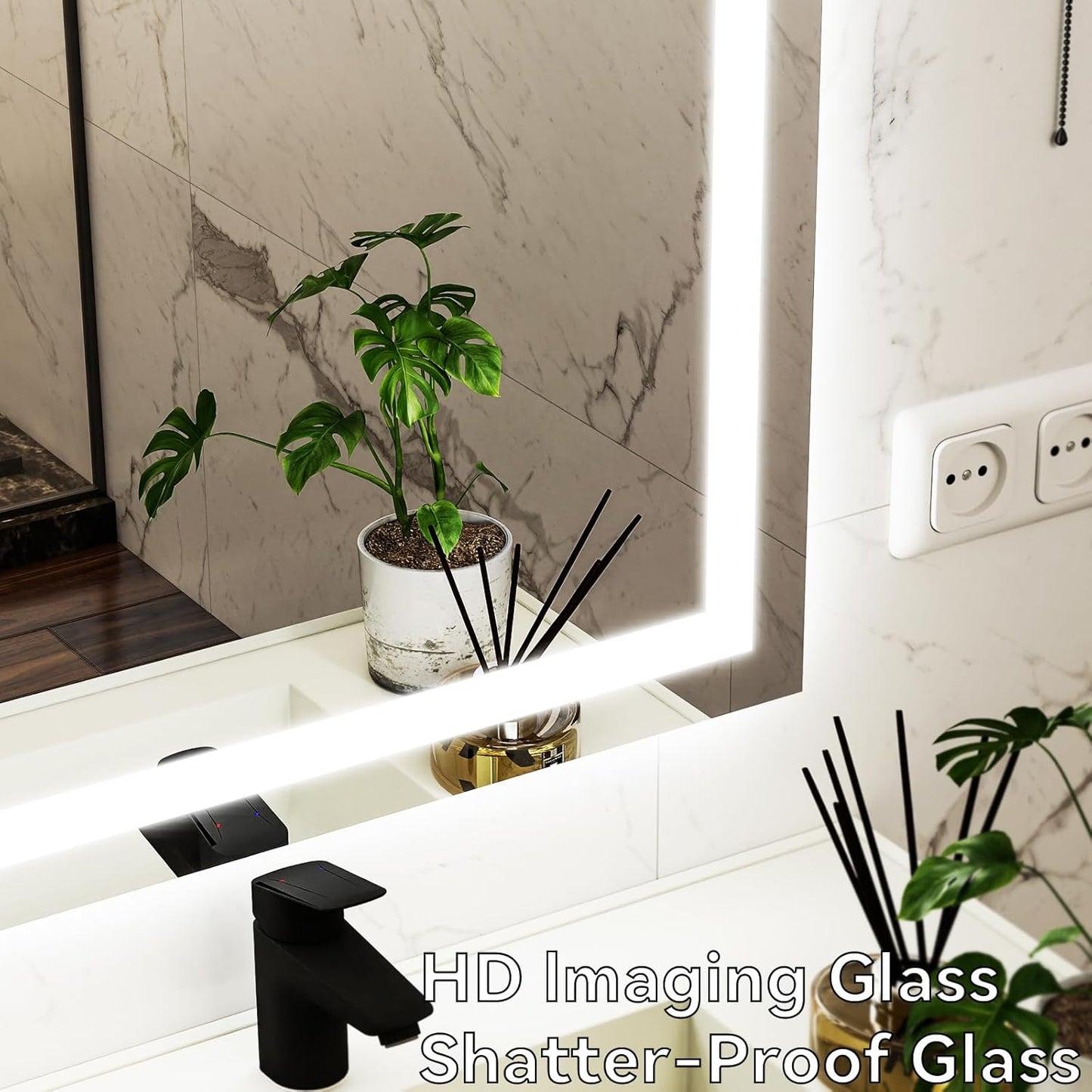 VooBang LED Wall Mounted Mirror with Lights, 24x32 inches Bathroom Mirror, Button to Adjust Lights, Three Lighting Modes, Tempered Glass with Anti-Fog Function, Suitable for Vanity and Bedroom, White