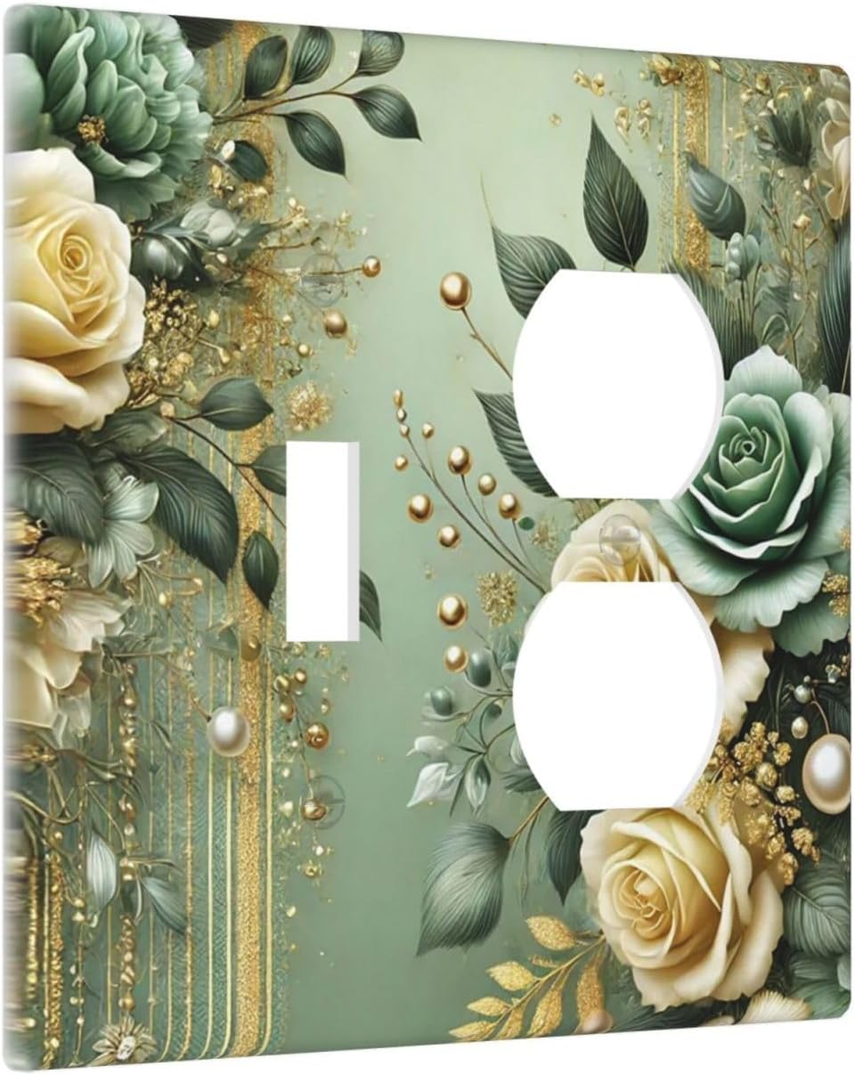 Decorative Outlet Covers Rustic Green Floral Leaves Teal Flowers Gold Stripe 2 Gang Wall Plate Cover Single Toggle Duplex Combo Two Switch Light Switch Cover Plate Faceplate