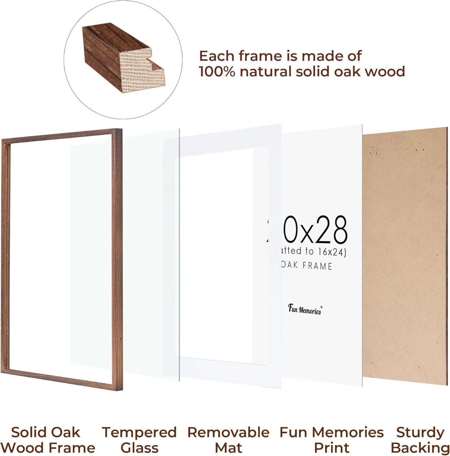 20x28 Oak Wood Picture Frame, 20"x28" Poster Frame for Wall, 20x28 Picture Frame with Mat for 16x24, Solid Oak Wood Photo Frame 20 x 28 with Tempered Real Glass (Walnut Color, 1 Pack)