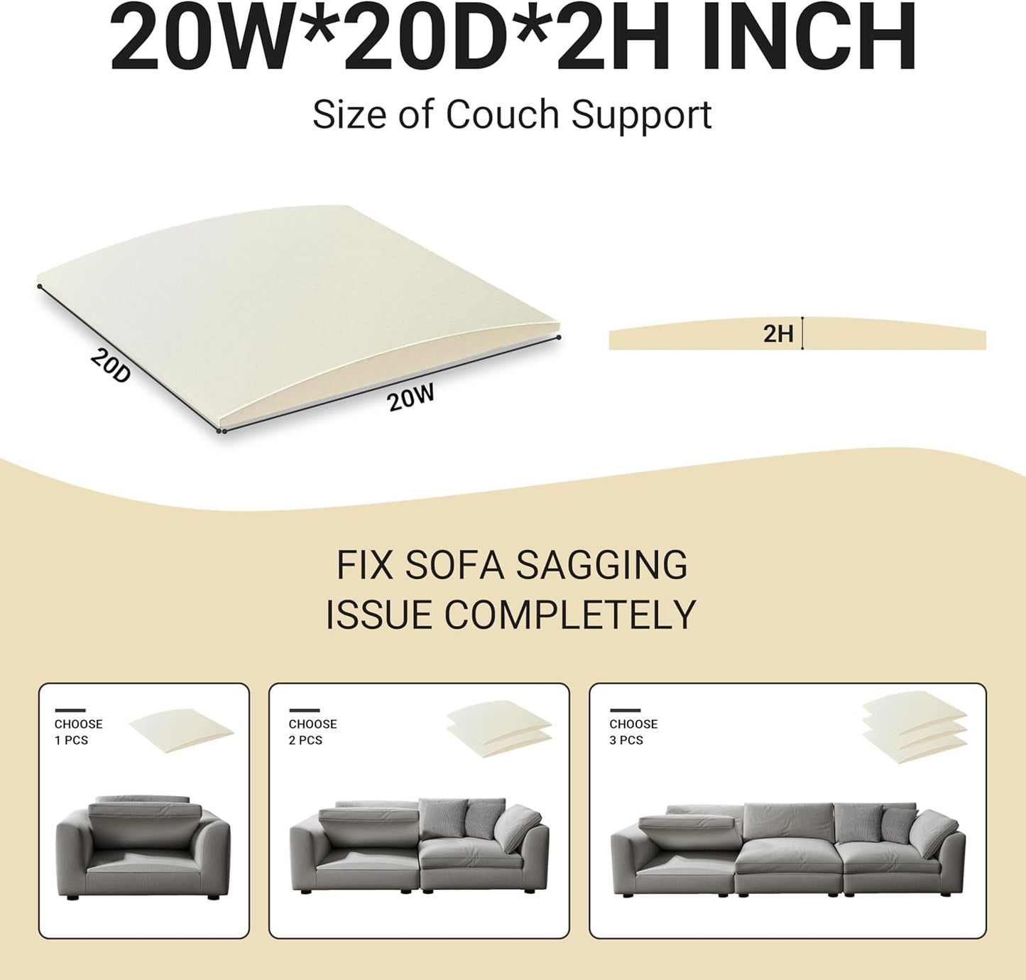 Couch Cushion Support for Sagging Seat, High Density Foam Sofa Support Replacement for Furniture, Curved Couch Supporter for Under The Cushions, Beige Set of 3