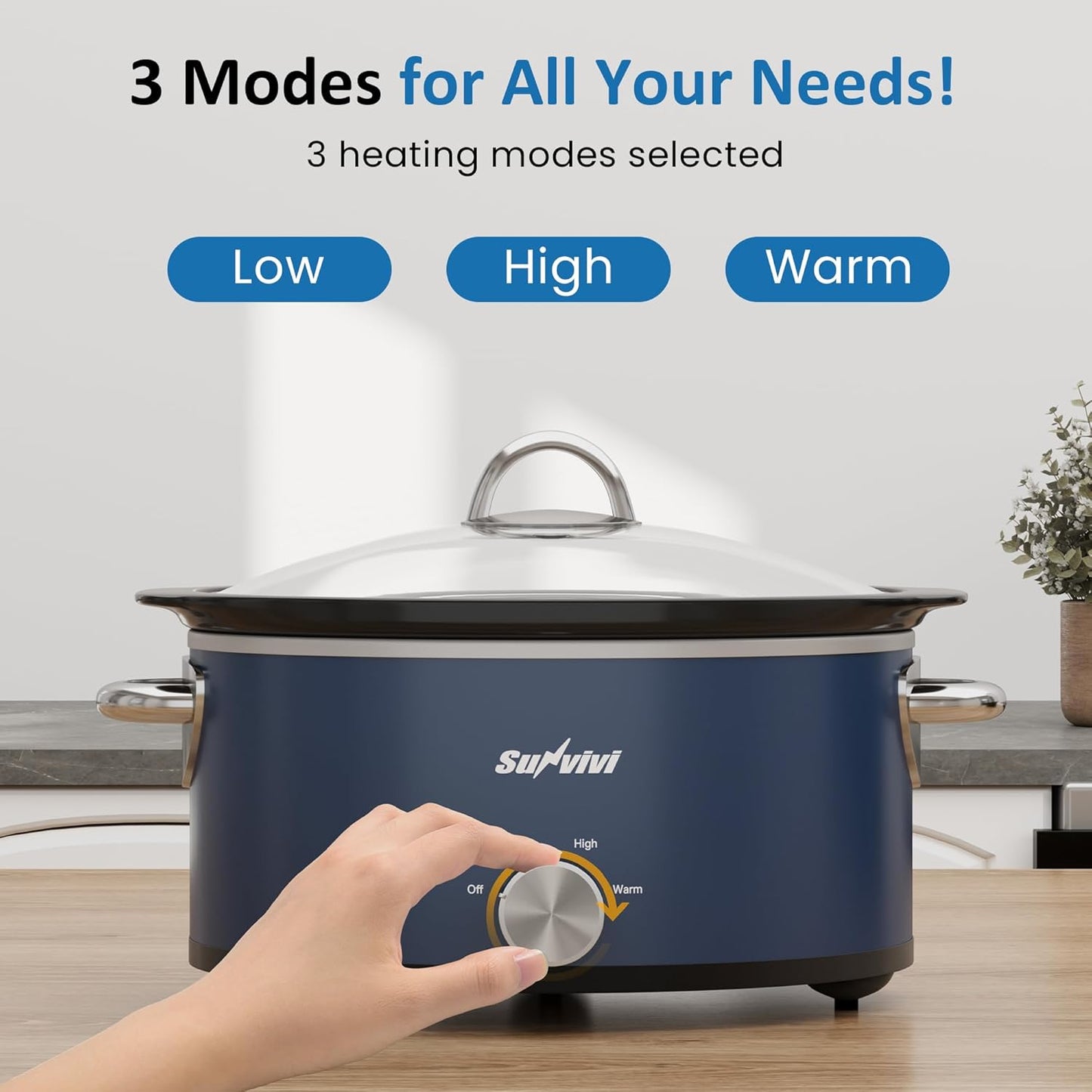 3QT Slow Cooker, Small Crock with 3 Heating Settings & Removable Ceramic Pot, Mini Food Warmer with Dishwasher Safe Glass Lid & Crock, Stainless Steel, Blue