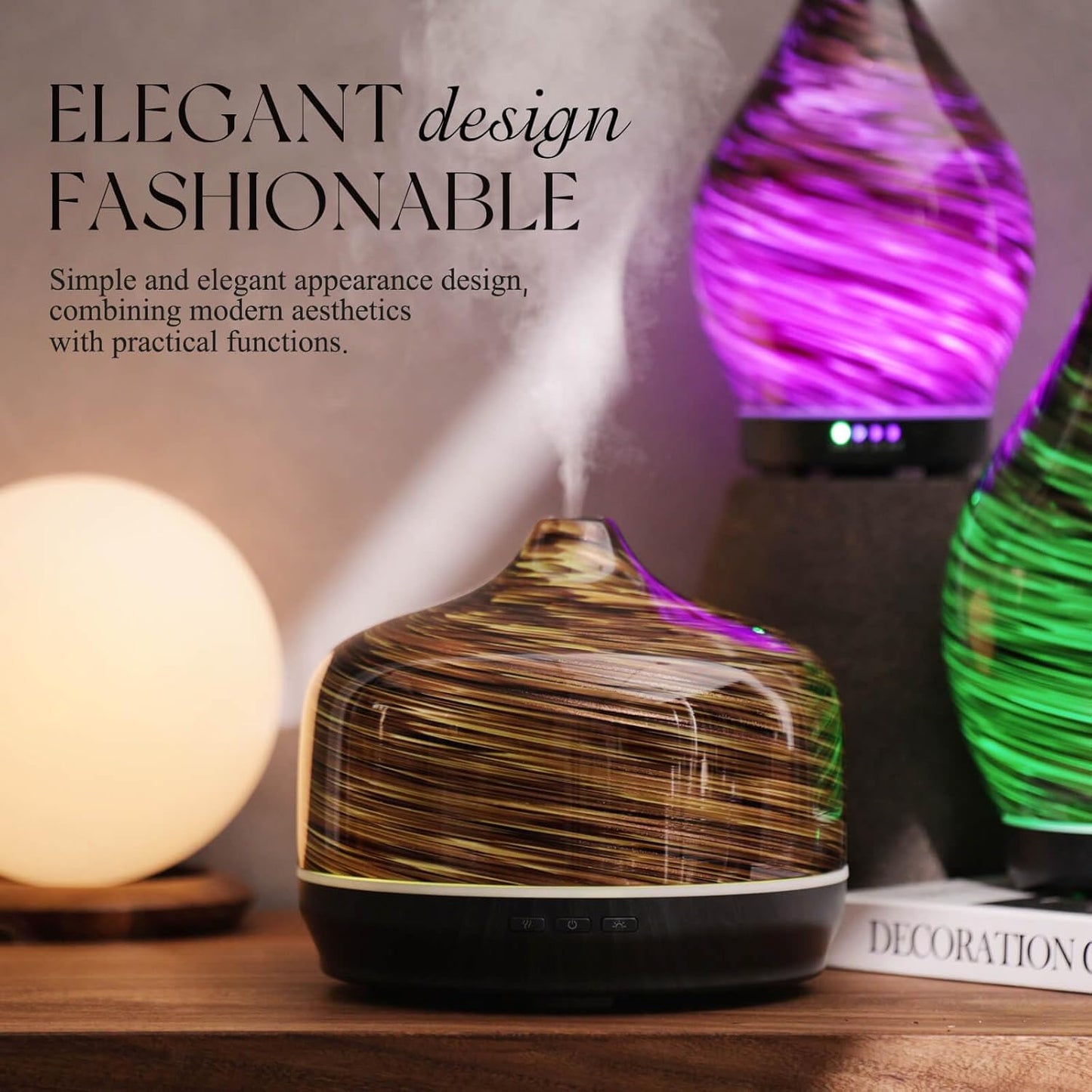 Porseme 500ml Glass Essential Oil Diffuser Aromatherapy Ultrasonic Cool Mist Humidifier 15-21 Running Hours Waterless Auto-Off Air Diffusers for Sleeping Yoga Office Working Spa and Rest (Dark Golden)