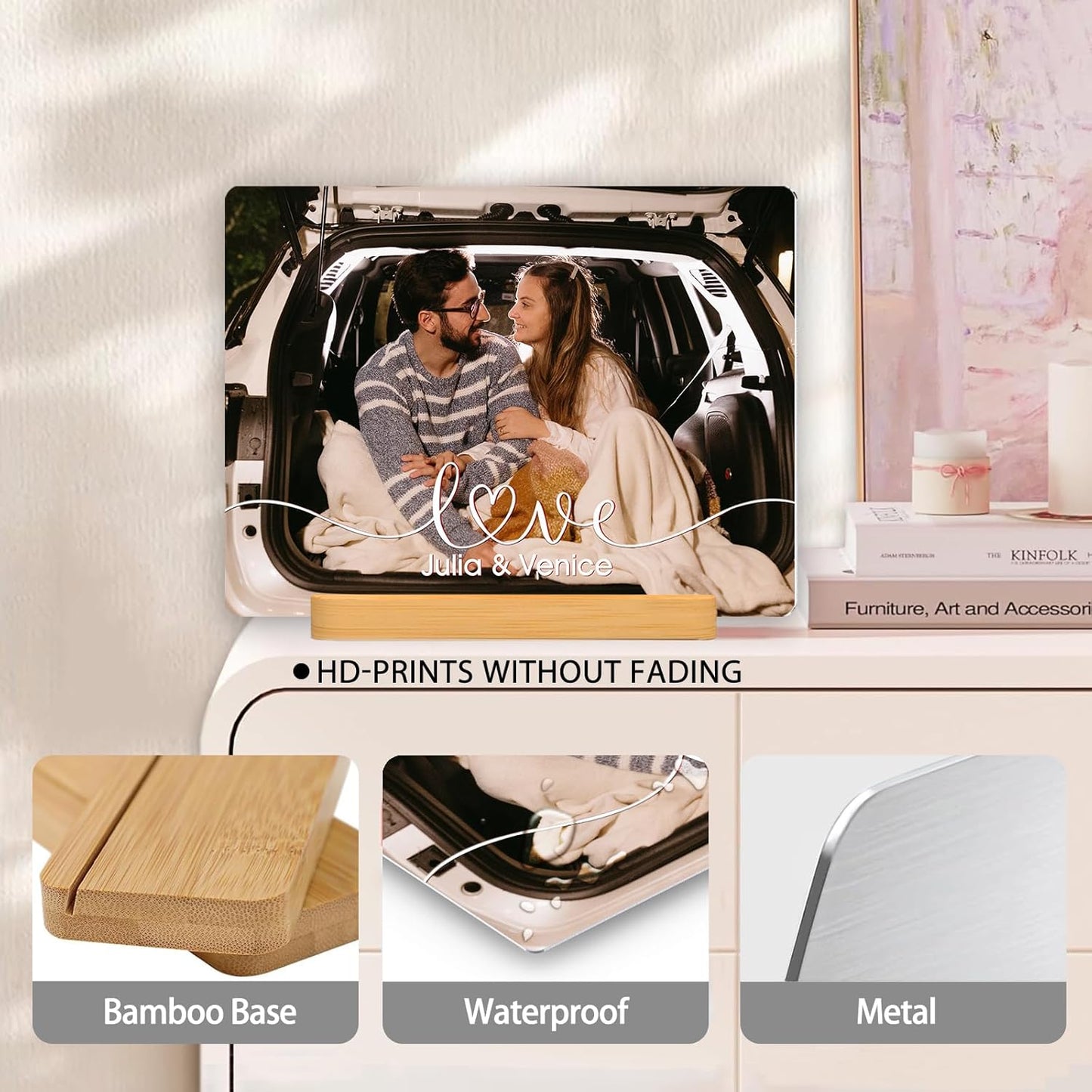 Custom Photo Prints - Metal Desktop Picture Frame with Photos & Name & Wooden Base Personalized Gifts for Family Friends and Lovers, Optional Multiple Sizes