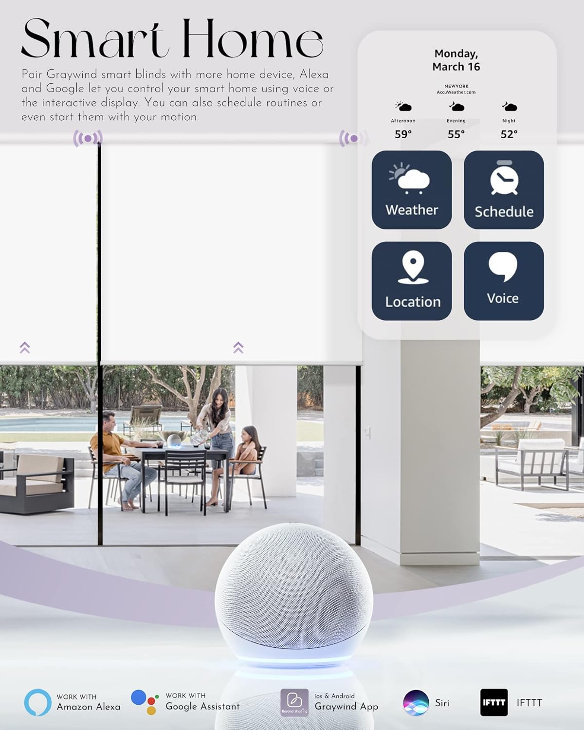 Graywind Motorized Silky Light Filtering Shades Compatible with Alexa Google Half Shading Rechargeable Remote Control Smart Blinds Electric Window Shade, Custom Size (Silky Silver Grey)