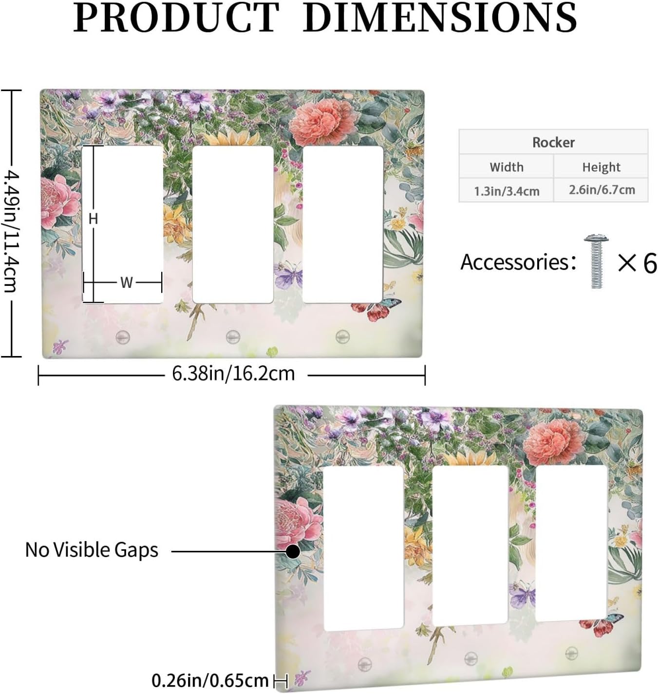 Rustic Floral Watercolor Flower Blossom Butterfly Triple Rocker Light Switch Covers 3 Gang Outlet Cover Wall Plates Decorative Switch Plates Electrical GFCI Faceplate Switchplate 4.49 X 6.38 IN