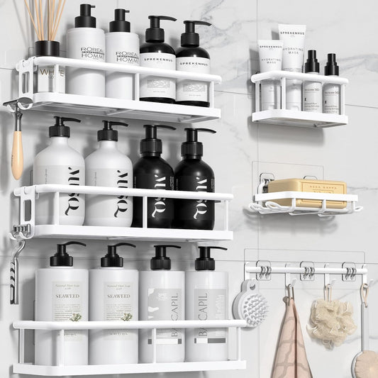YASONIC Shower Caddy, 6 Pack Large Capacity shower organizer with Soap Holder and 12 Hooks, Rustproof Shelves for Inside Shower, No Drilling&Sleek Bathroom Organizers and Storage White