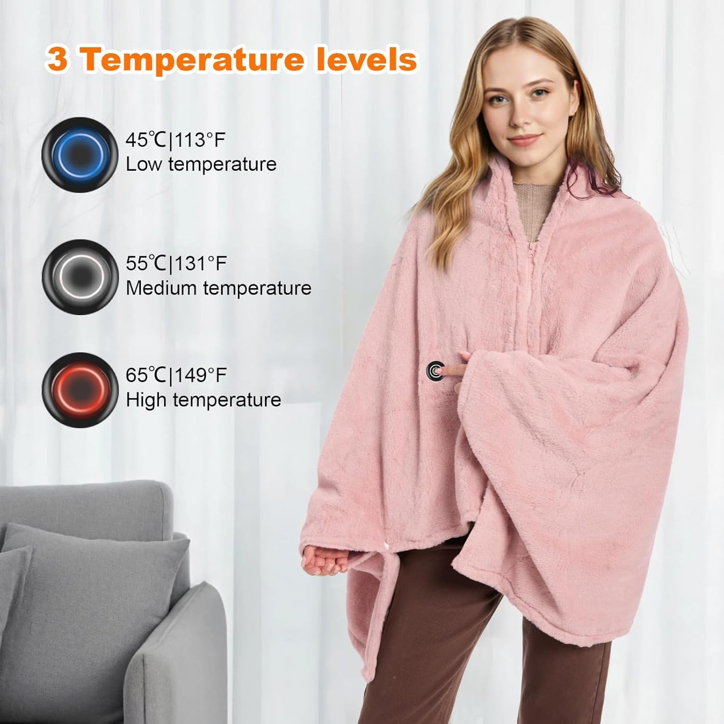 Graphene Heated Blanket Battery Operated, 20000mAh Battery 7.4V Fast Heating Blanket Portable Heated Shawl, Cordless Rechargeable Heated Shawl 3 Temperature Settings, Gift for Women (Pink)