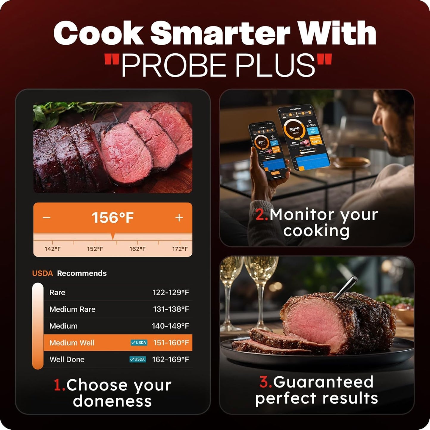 Smart Wireless Meat Thermometer with Ultra-Thin Probe, 6 Sensors Accuracy Digital Food Thermometer 0.5S Instant Read, IP67 Waterproof for BBQ, Grill, Smoker, Oven, Air Fryer,Red