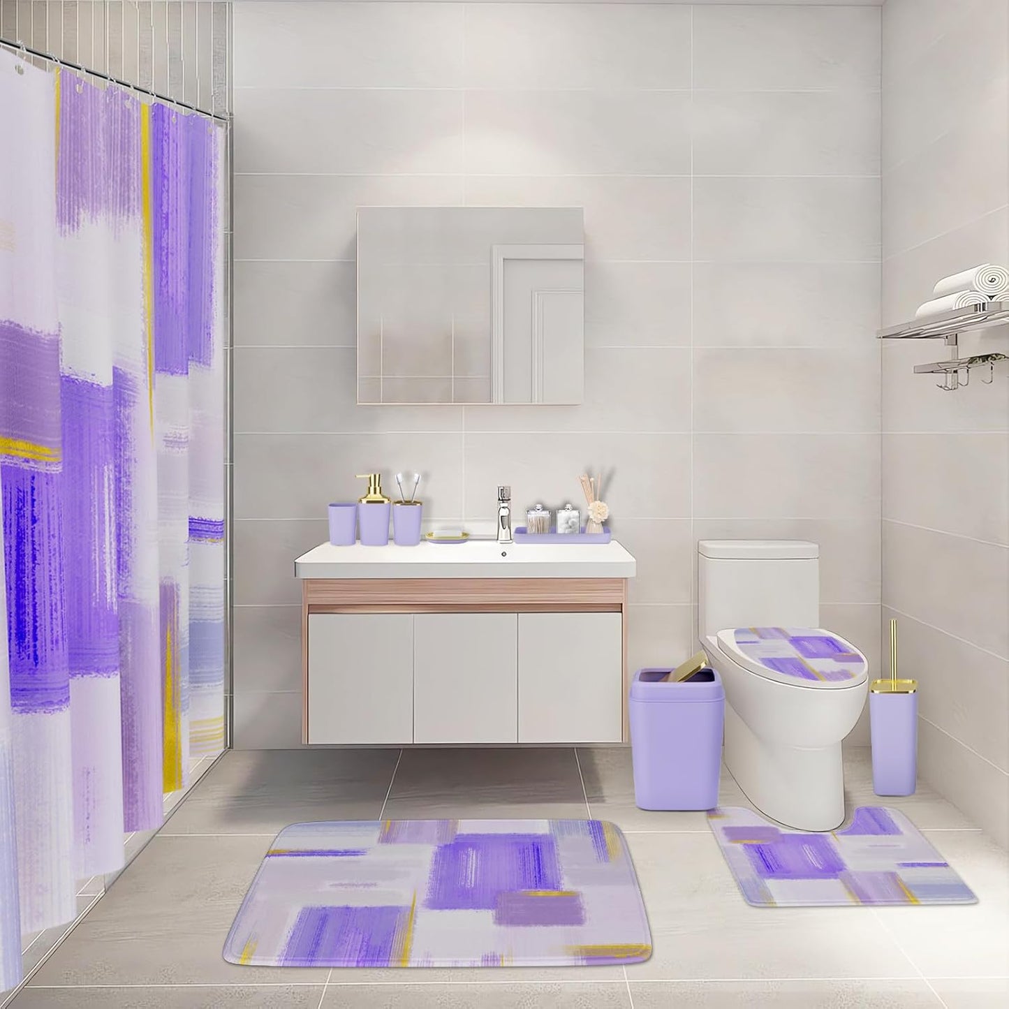 Bathroom Set - Purple and Gold Bathroom Accessories Set, Bathroom Sets with Shower Curtain and Rugs, Purple Shower Curtain Set with Bathroom Trash Can, Soap Dispenser, Soap Dish for Home Decor