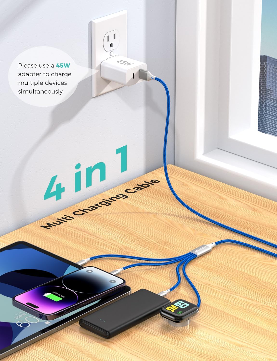 2Pack Multi Charging Cable for Apple Watch Charger 4 in 1 Travel Essentials RV Camping Essentials USB C/L/Micro Compatible with iWatch Series 11-1/iPhone 17/16/15/Android Airplane Gadgets-4FT/Blue