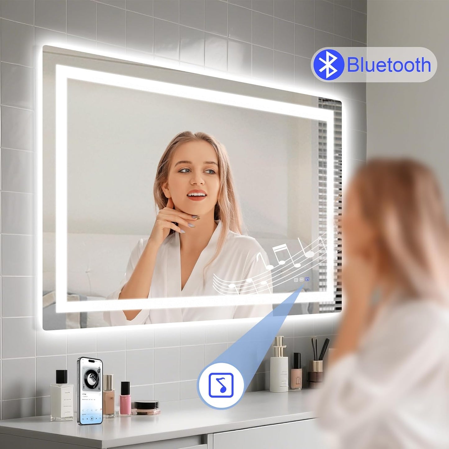 STARLEAD Led-Bathroom-Mirror-with-Lights, 24"X32" Wall-Mounted with 3 Colors Dimmable Light, Bluetooth Speaker, Anti-Fog, Memory, Tempered Glass, Front & Backlit (Horizontal/Vertical)