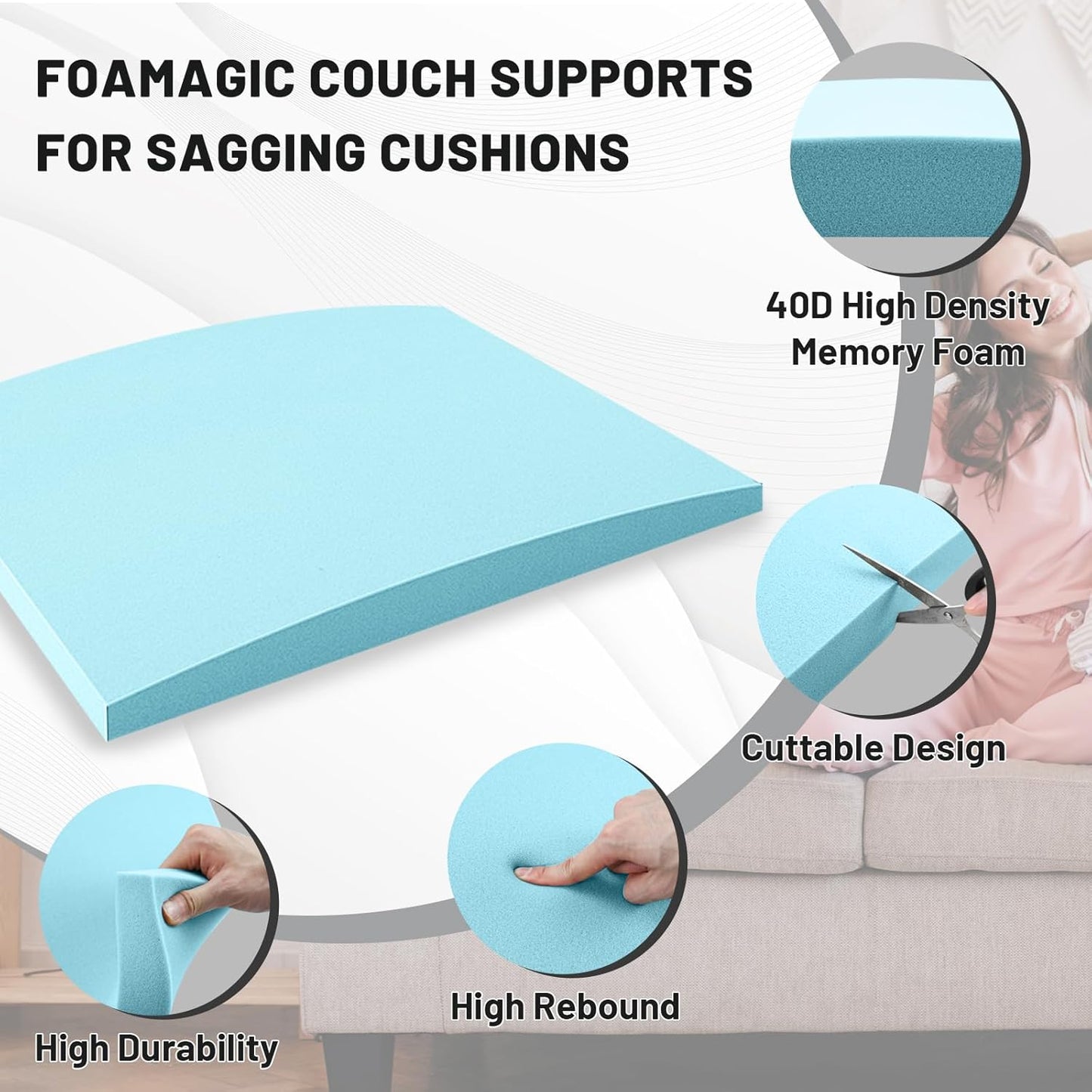 Couch Cushion Support, Sofa Cushion Support for Sagging Couch Seat, 20x20x3.15in, Couch Replacement Insert, High Density Foam Furniture Seat Sagging Repair, Trapezoid 40D, Blue Set of 3