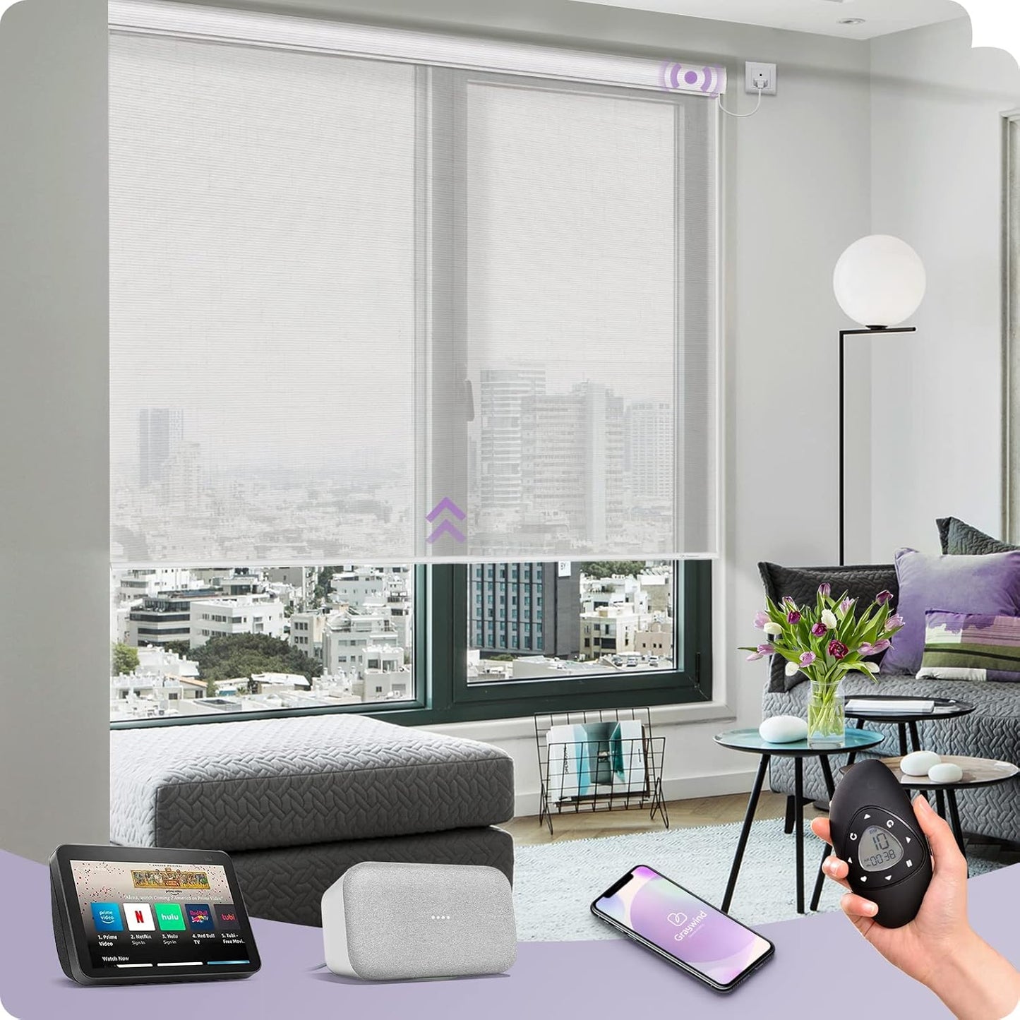 Graywind Motorized Semi Roller Shades Compatible with Alexa Google Hardwired WiFi Smart Light Filtering Remote Control Automated Blinds Electric Window Shade, Custom Size (Sheer White)