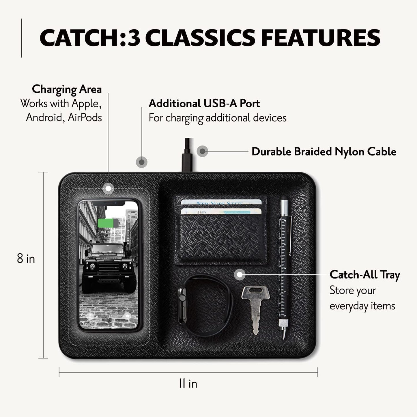 Courant Catch:3 Classics - Italian Leather Wireless Charging Station and Valet Tray (Black) - Compatible with iPhone 16, 15, 14, 13, 12, 11, Galaxy S24, S23, S22, S21, S20, Note, AirPods, AirPods Pro