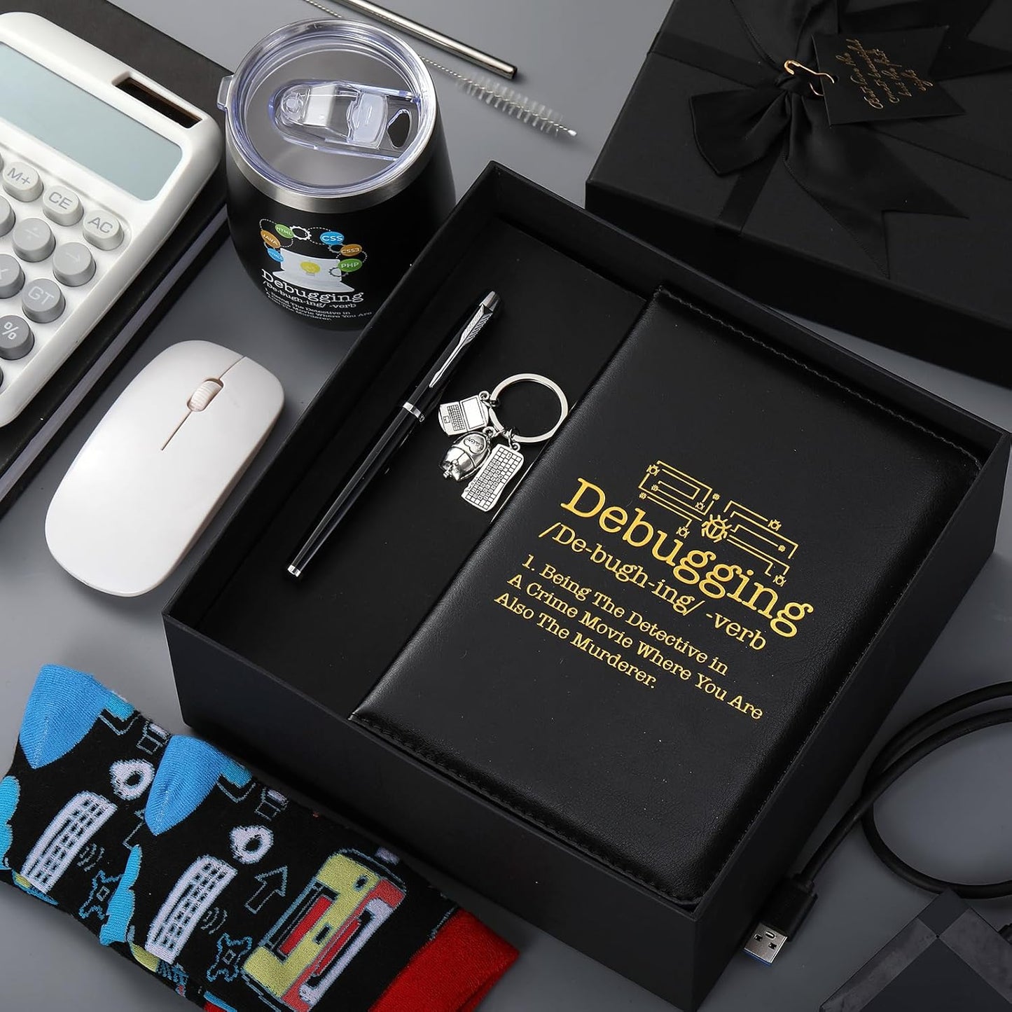 6 Pcs Computer Programmer Gifts for Men Debugging Definition Programmer Gifts 12oz Stainless Steel Cup Socks Keychain Pen Notebook Box for IT Developers Computer Geeks Nerd Hackers Coders