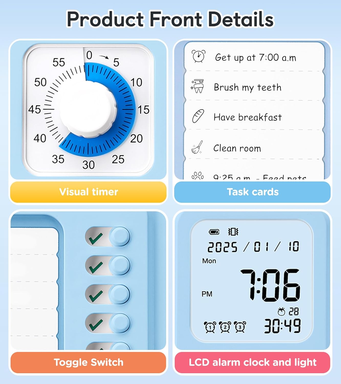 3-in-1 Visual Timer & ADHD Tool for Kids|Adults, Task Timer with Chore Chart Board, Visual Schedule for Kids with Autism, Daily Checklist for Home, School, Classroom, Desk (Blue)