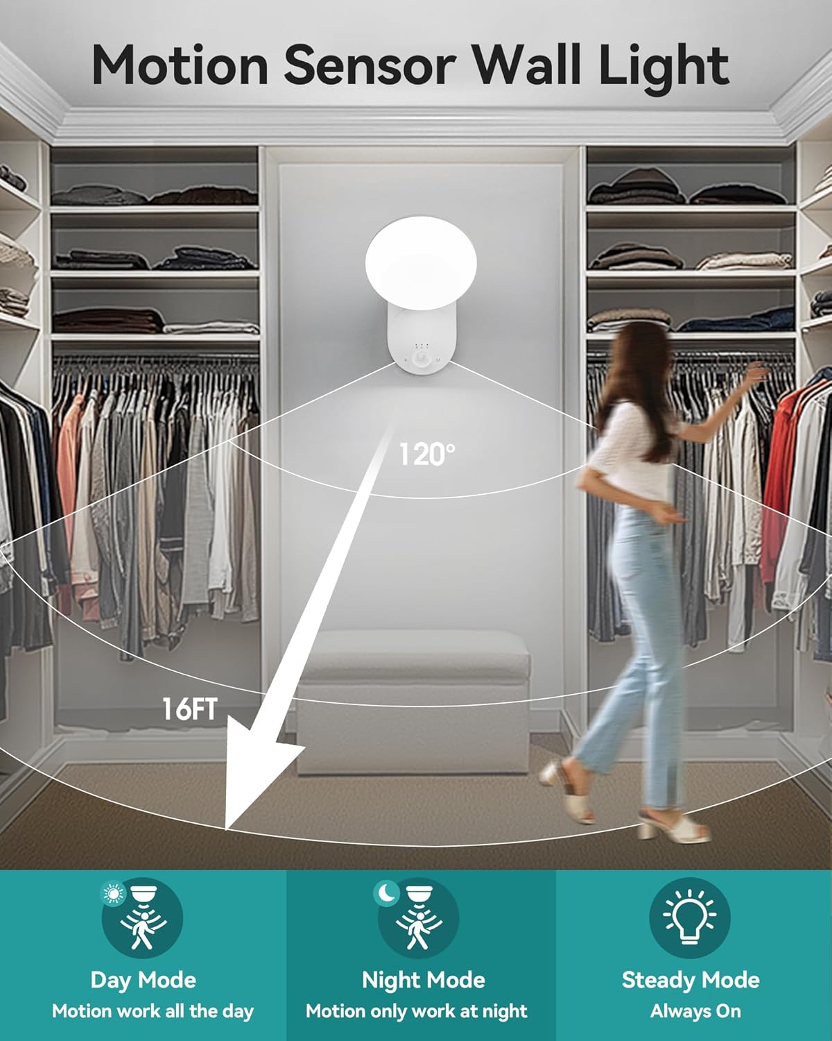 Rechargeable Motion Sensor Wall Light with Remote - Wireless Battery Operated Closet Lights Motion Sensored, Magnetic Wall Sconce for Closet Hallway Porch Garage Stairs