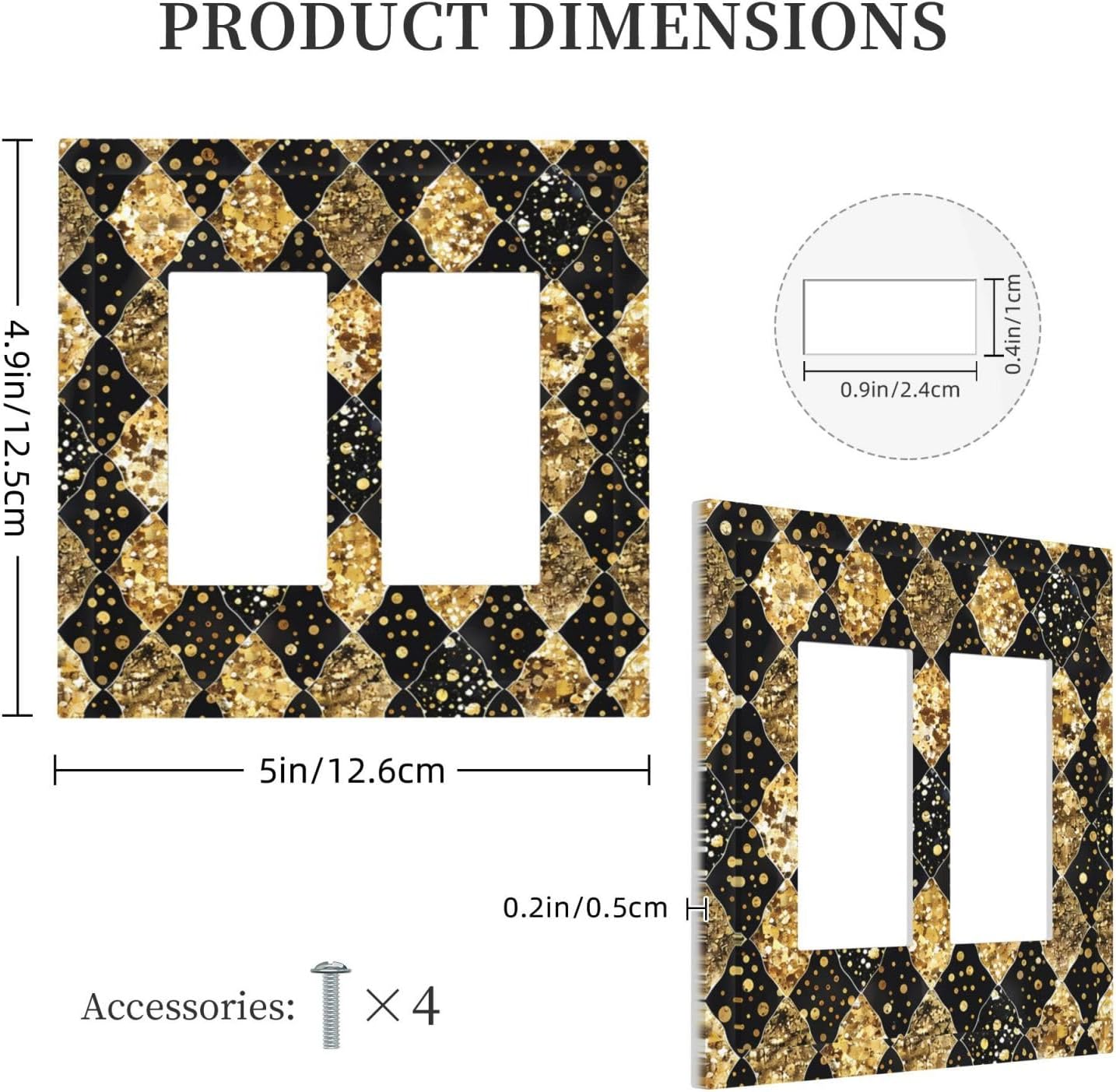 Gold Black Marble Geometric Plaid Glitter Decorative Outlet Covers 2 Gang Double GFCI Rocker Light Switch Cover Plate Electrical Wall Panels for Bedroom Bathroom Decor