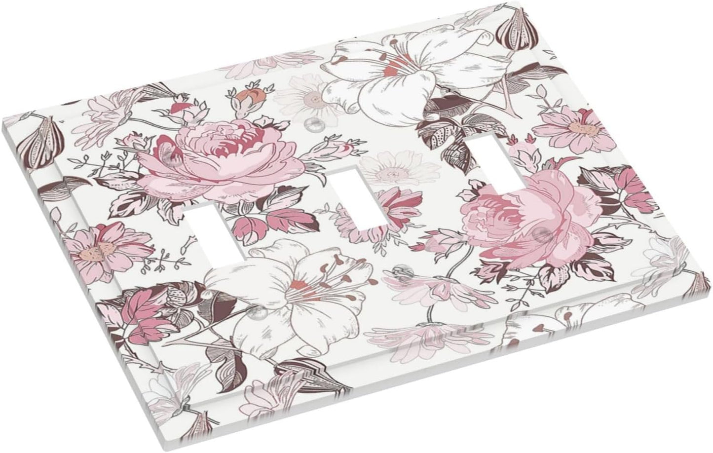 Decorative Switch Plates Modern Watercolor Flower Pink White Wildflower 3 Gang Wall Plate Faceplate Triple Toggle Light Switch Cover Electrical Wall Panels for Bedroom Home Decor