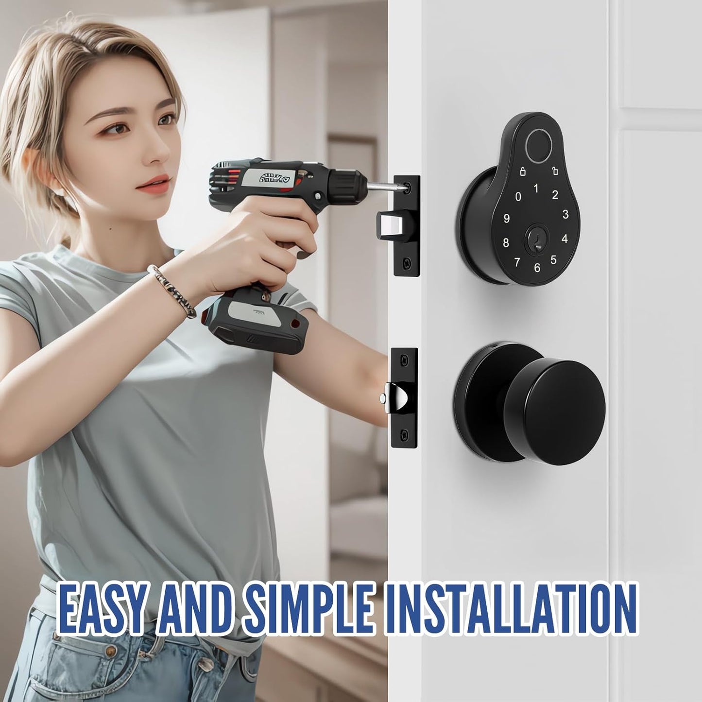 keyless Entry Door Lock deadbolt with Handle Set-Code,Key,Fingerprint deadbolt and Black Door knobs-Touchscreen Keypad Deadbolt Smart Locks for Front Door- Easy Install-Auto Lock