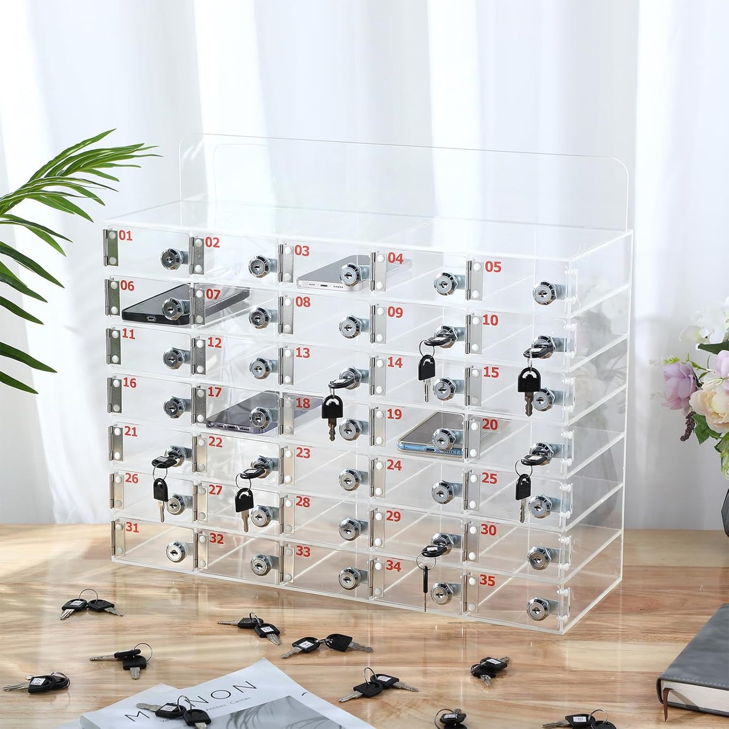 Threan 35 Slot Cell Phone Storage Box, Clear Cell Phone Storage Cabinet Wall Mounted, Including Door Locks and Keys for Office School Factory Classroom Students Staff