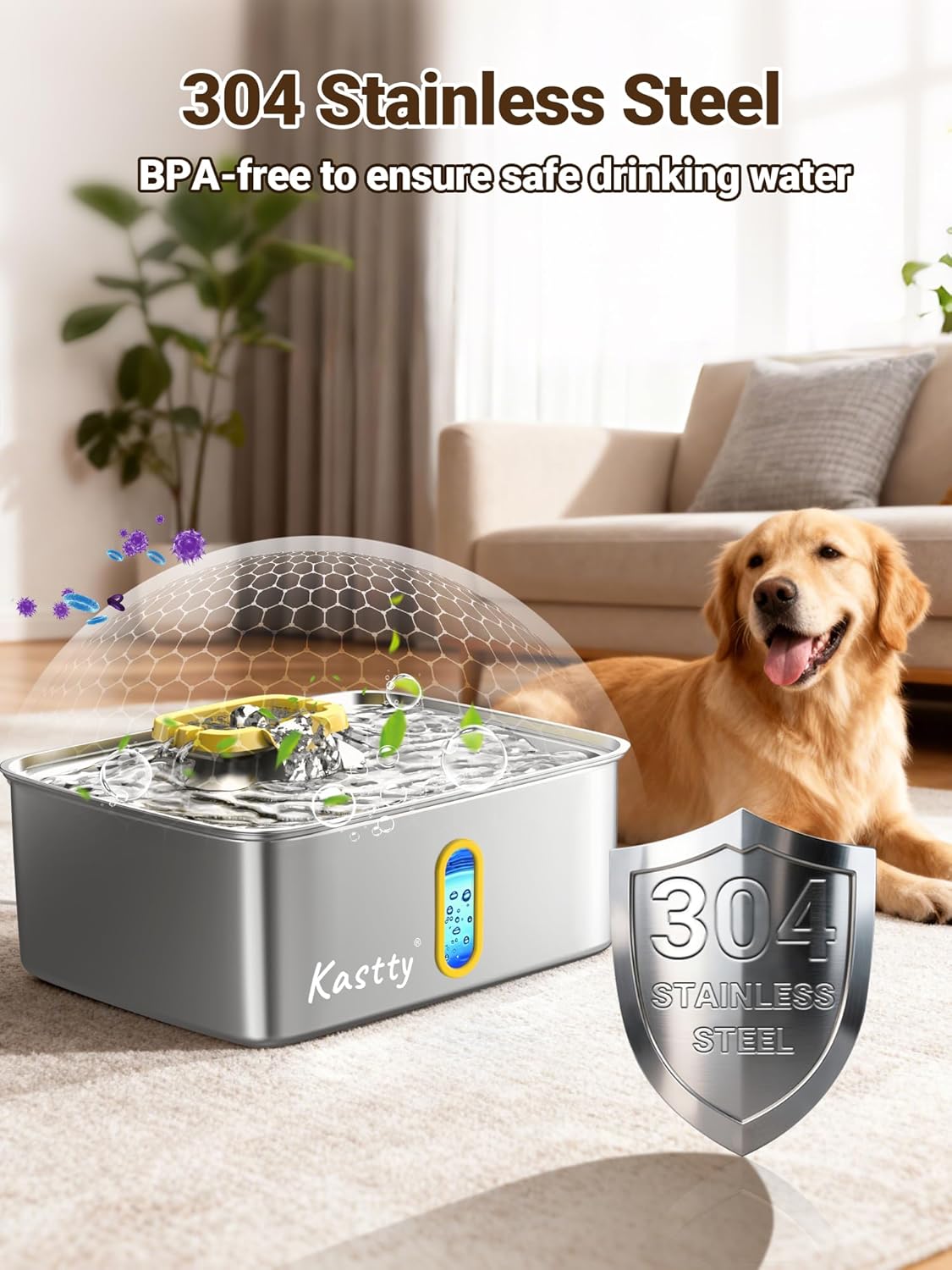 Kastty 3.96 Gal Dog Water Fountain for Large Dogs, 15L Stainless Steel Pet Water Fountain, QuietTriple Filtration Dog Water Bowl Dispenser with Water Level Window and LED Light Easy Clean(FS78,Yellow)