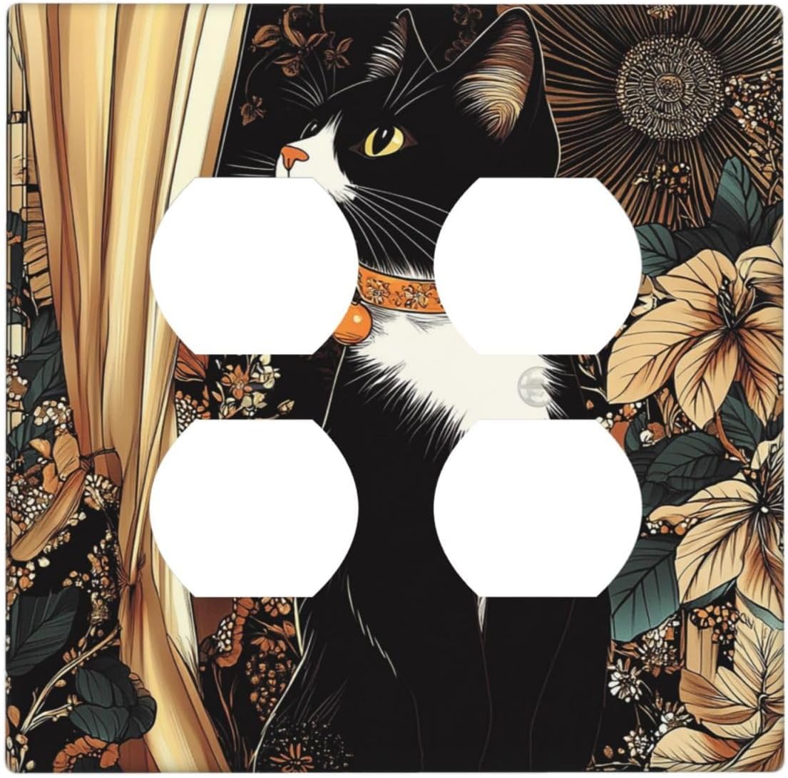 Outlet Covers Boho Mandala Floral Black Cat Vintage Flower 2 Gang Double Duplex Decorative Light Switch Covers Electrical Wallplates Socket Faceplate For Farmhouse Home Decor