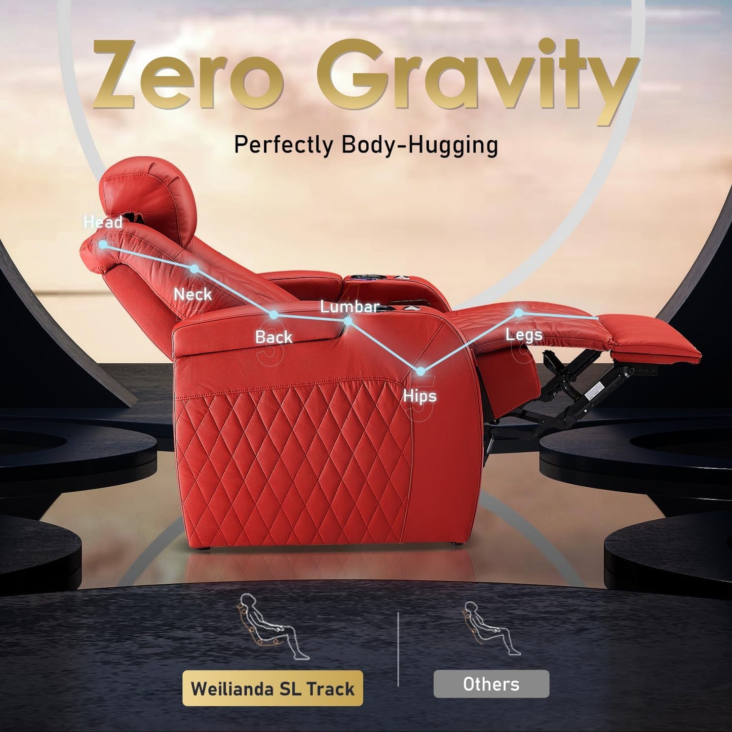 Weilianda Home Theater Seating Top Grain Leather Zero Gravity Recliner Chair Power Headrest Recline Movie Seat Gaming 7 Colors Mood Light Sofa with Tray Table USB Charge Row of 3 Red