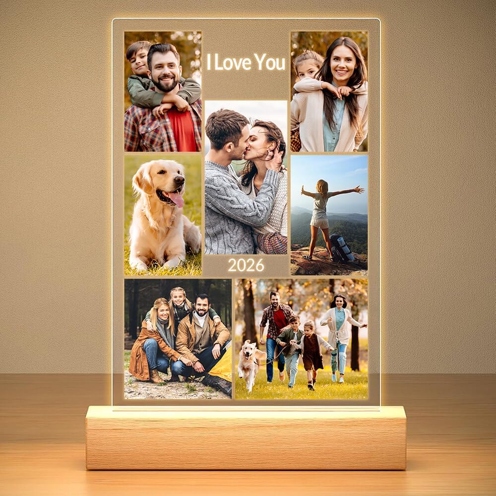 Custom Picture Frame with Photo, Customized Picture Frames with Night Light, Personalized Photo Frame, Personalized Valentines Day Gifts for Women Men Her Him Mom Dad Family