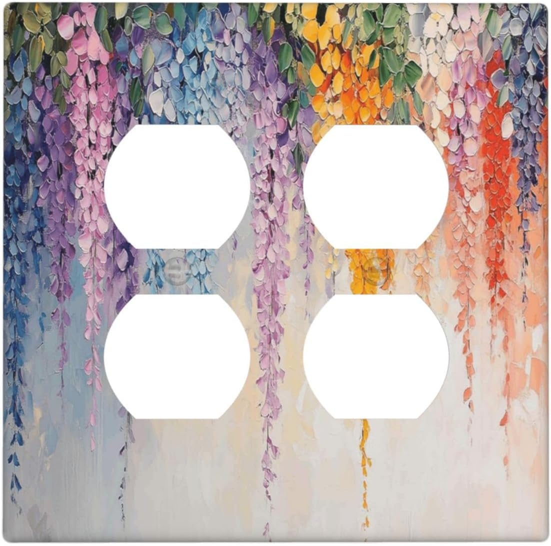 Colorful Wildflower Wisteria Cascade Floral Flower Outlet Covers 2 Gang Double Duplex Decorative Light Switch Covers Electrical Wallplates Socket Faceplate for Bedroom Living Room Decor