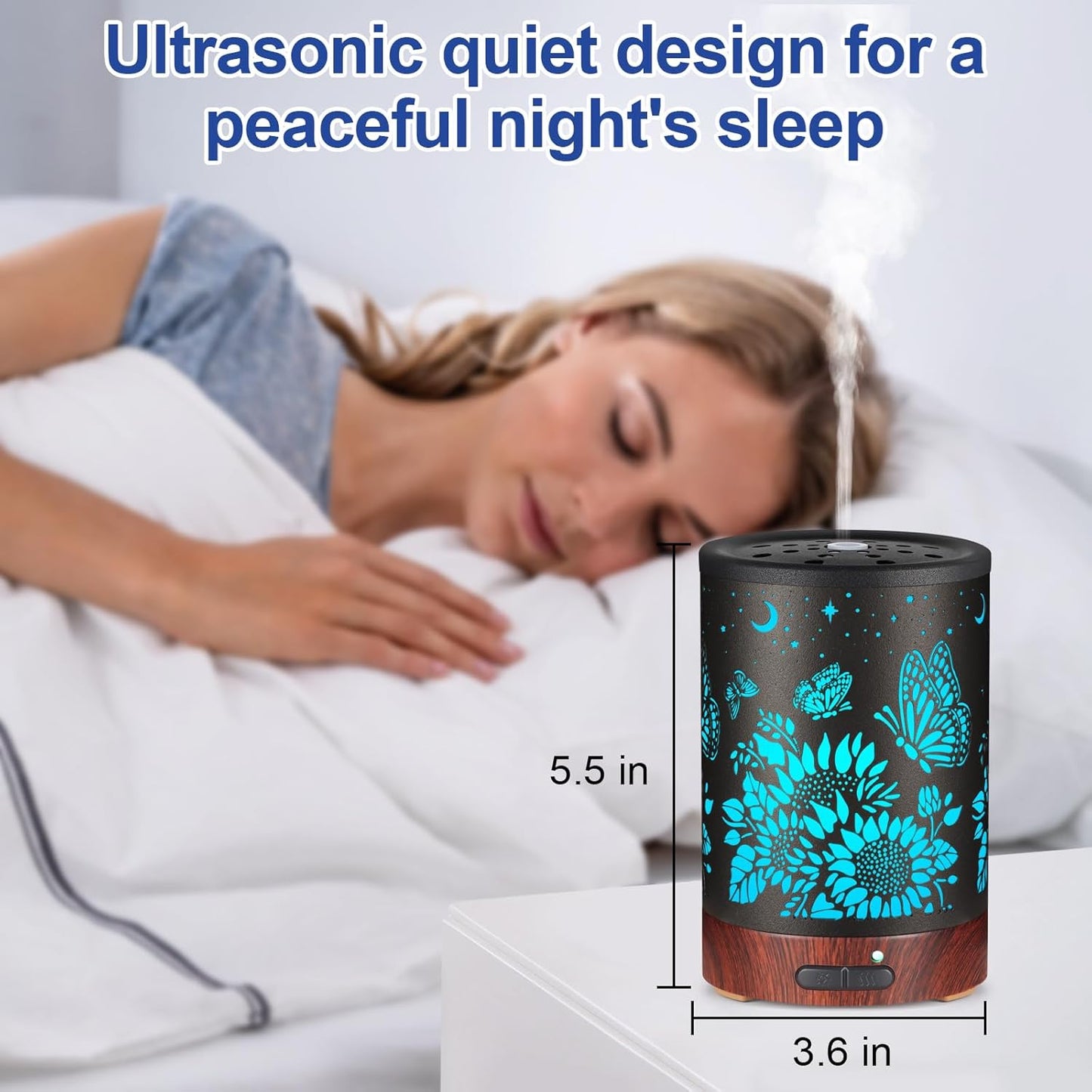 Essential Oil Diffuser- Aromatherapy Diffuser with7 Colors Light and Auto-Off for Women Metal Cool Mist Humidifier for Home and Office for Mom Women（Sunflower + Butterfly）