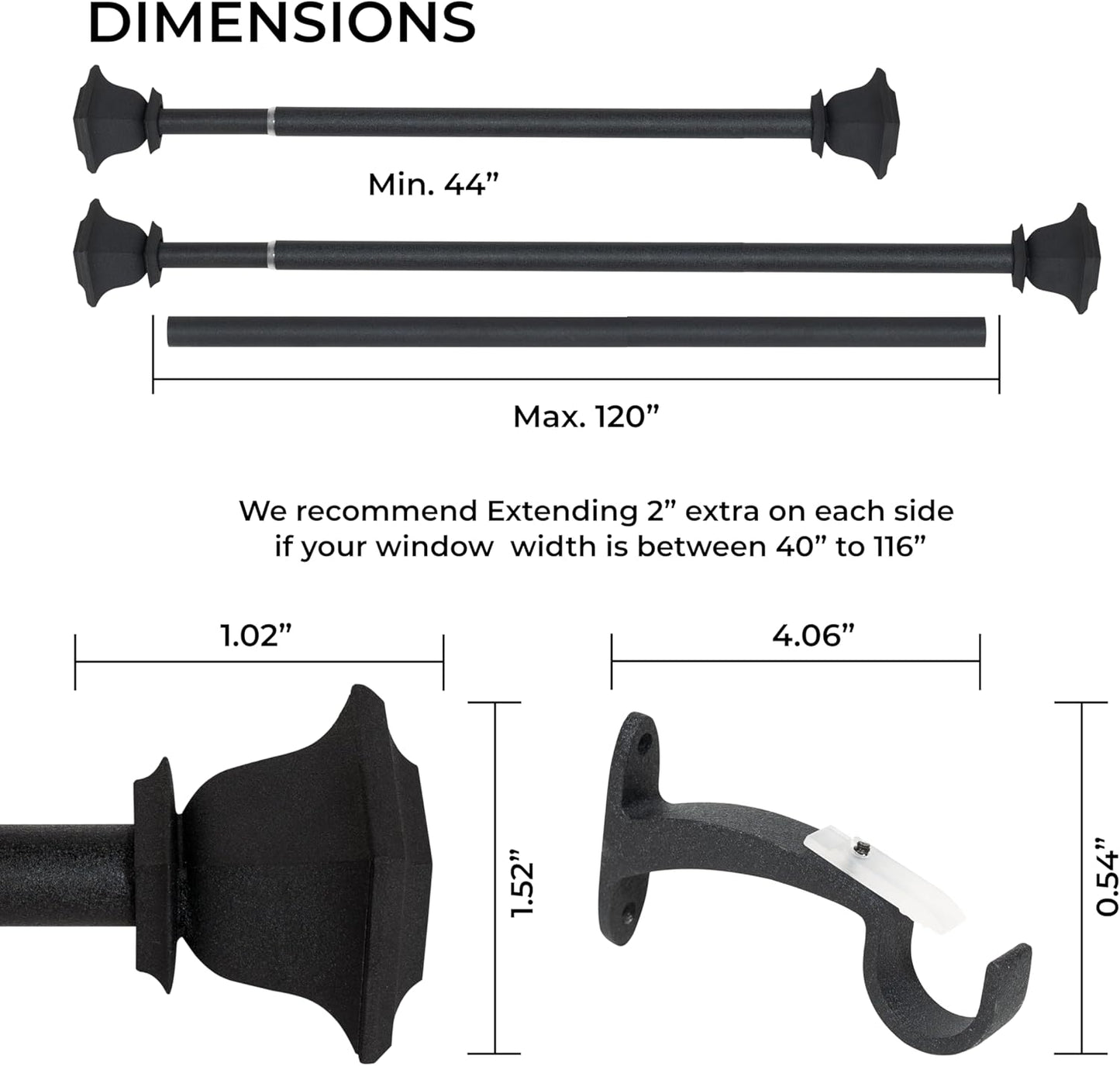 Deco Window Adjustable Curtain Rod for Windows 44 to 120 Inch (Pack of 1) Extendable Heavy Duty 1 Inch Iron Drapery Pole with Finials Wall Mounted French Door Curtain Rods (Dark Stone)