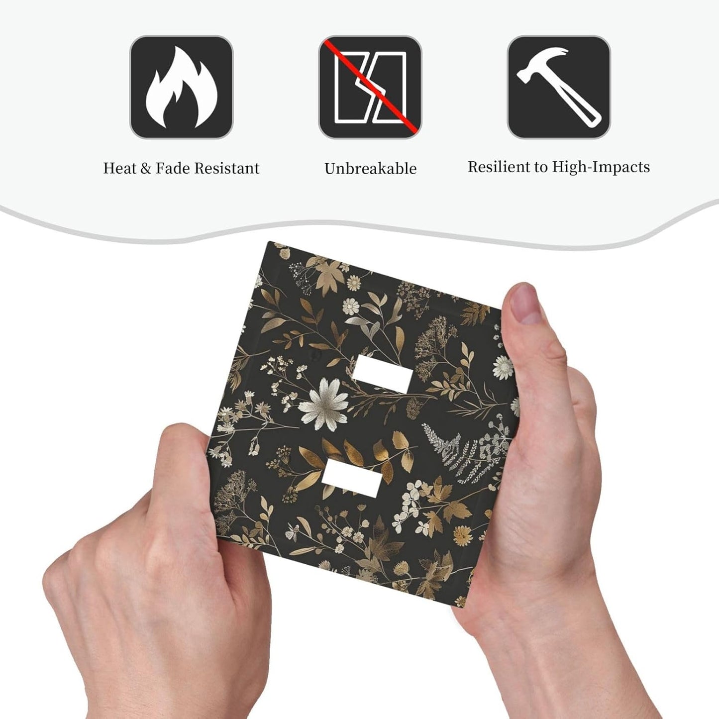 Decorative Switch Plates Black Gold Floral Dark Leaves Vintage Flowers 2 Gang Double Toggle Outlet Light Switch Cover Wall Plate Electrical Faceplate for Bed Room Home Decor