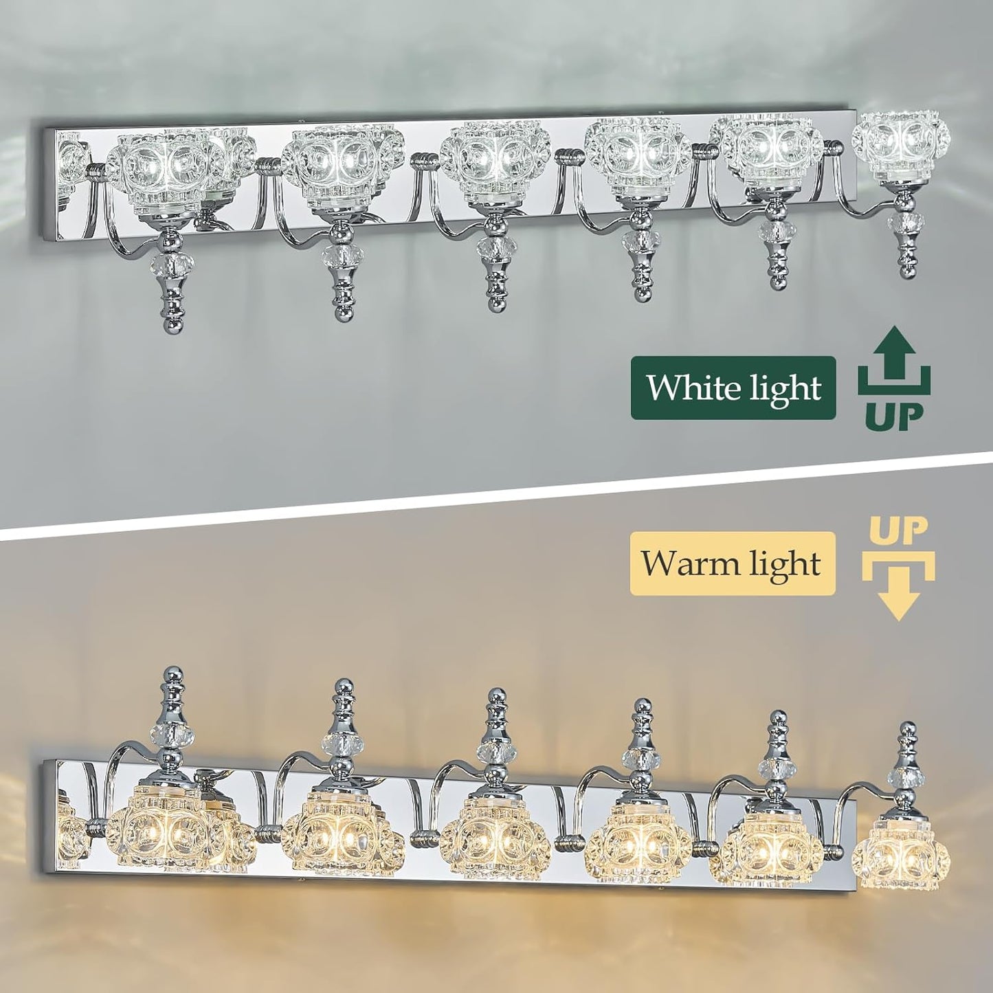 Modern Glass Crystal Vanity Light - Vintage Bathroom Lighting Fixtures Over Mirror, 6 Light Vanity Lights G9 Bulb (43.3 Inch, Chrome)