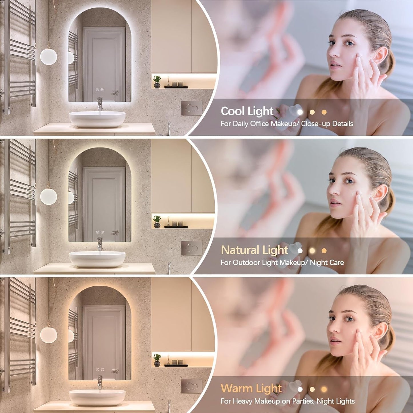 Niccy Arched LED Bathroom Mirror, 51x27 Inch Arch Frameless Backlit Mirrors for Wall Arched Lighted Vanity Mirrors Defogger and 3 Color, Explosion-Proof, HD Glass and IP65 Waterproof