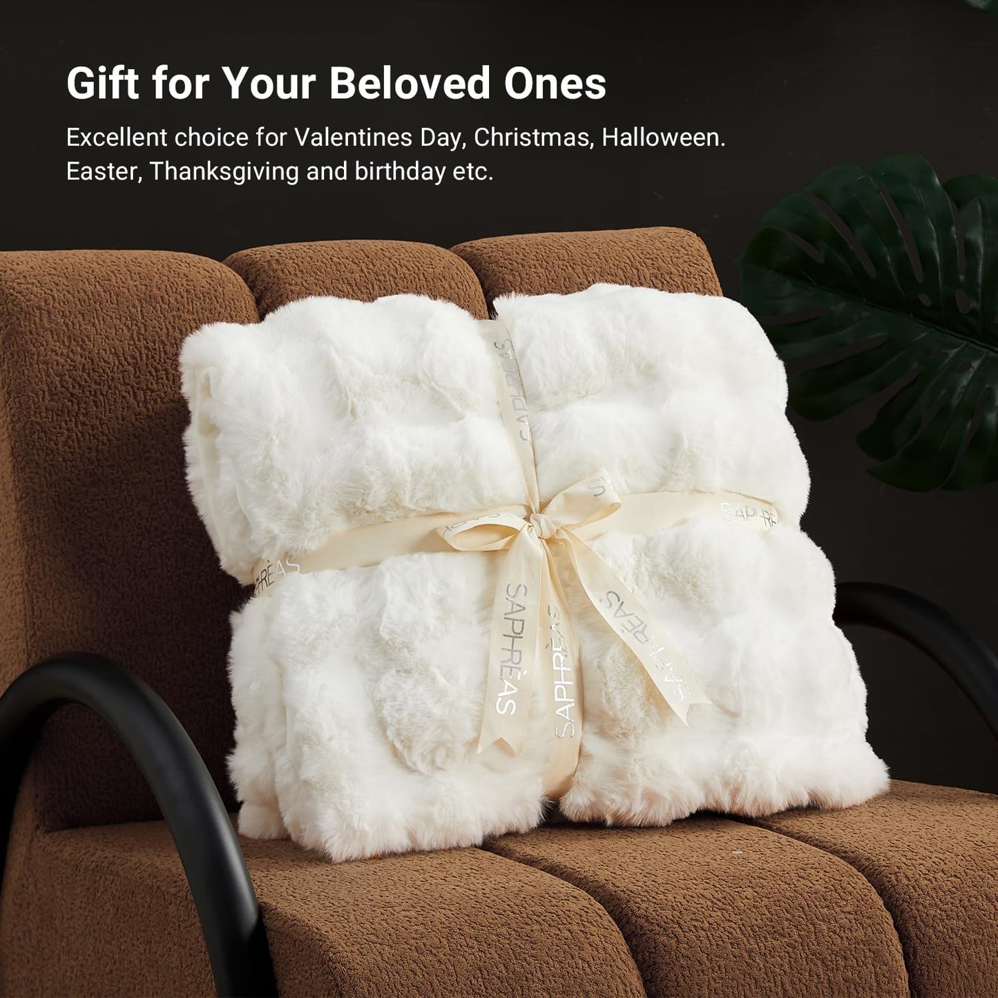 SAPHREAS Faux Fur Throw Blanket for Couch, Fluffy Fuzzy Bubble Blanket for Sofa Bed Living Room, Decor Soft Cozy Gifts for Women Men, 50x60” Cream White