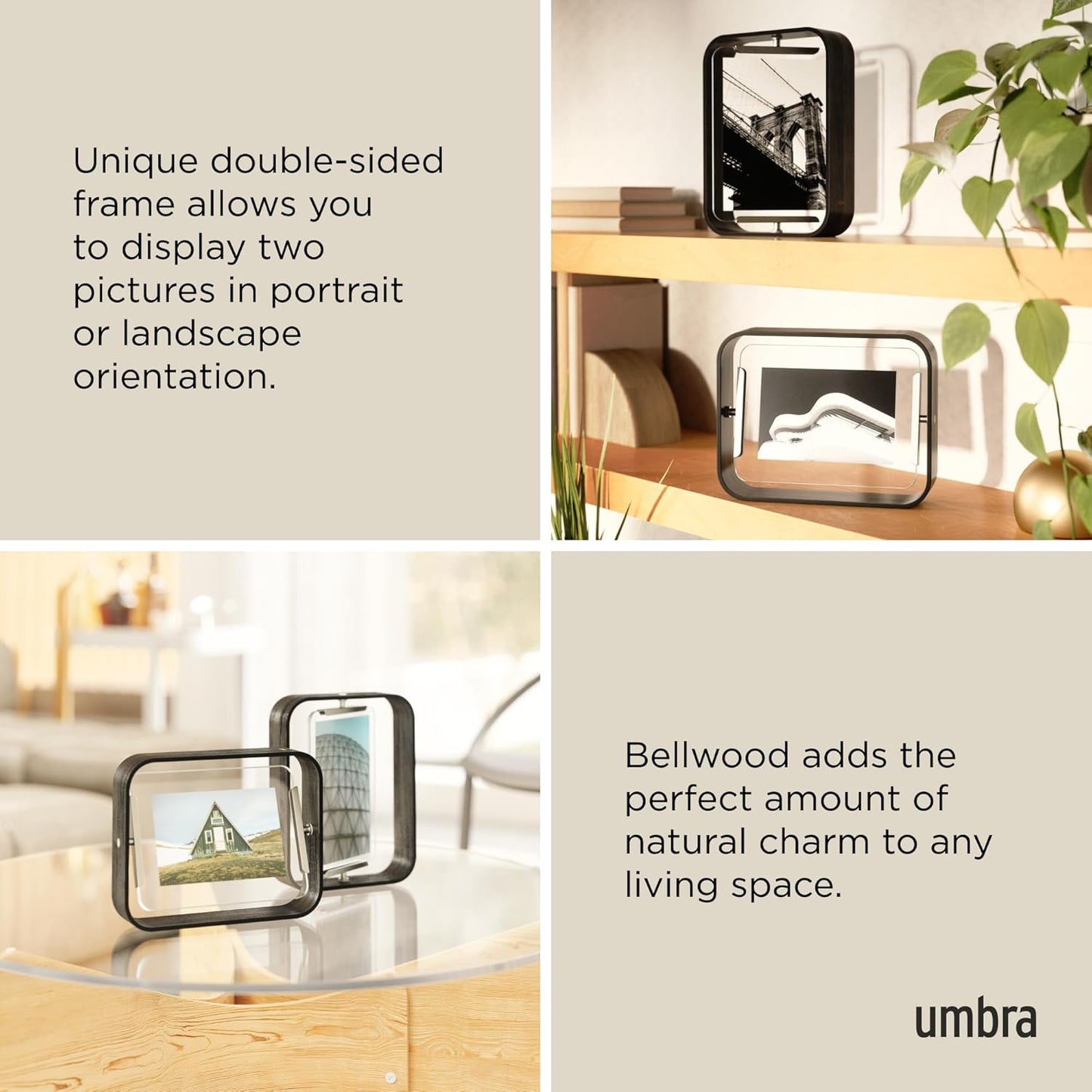 Umbra Bellwood 5x7 Desk Picture Frame with Bent Wood Trim and Two-Sided Rotating Display, Black