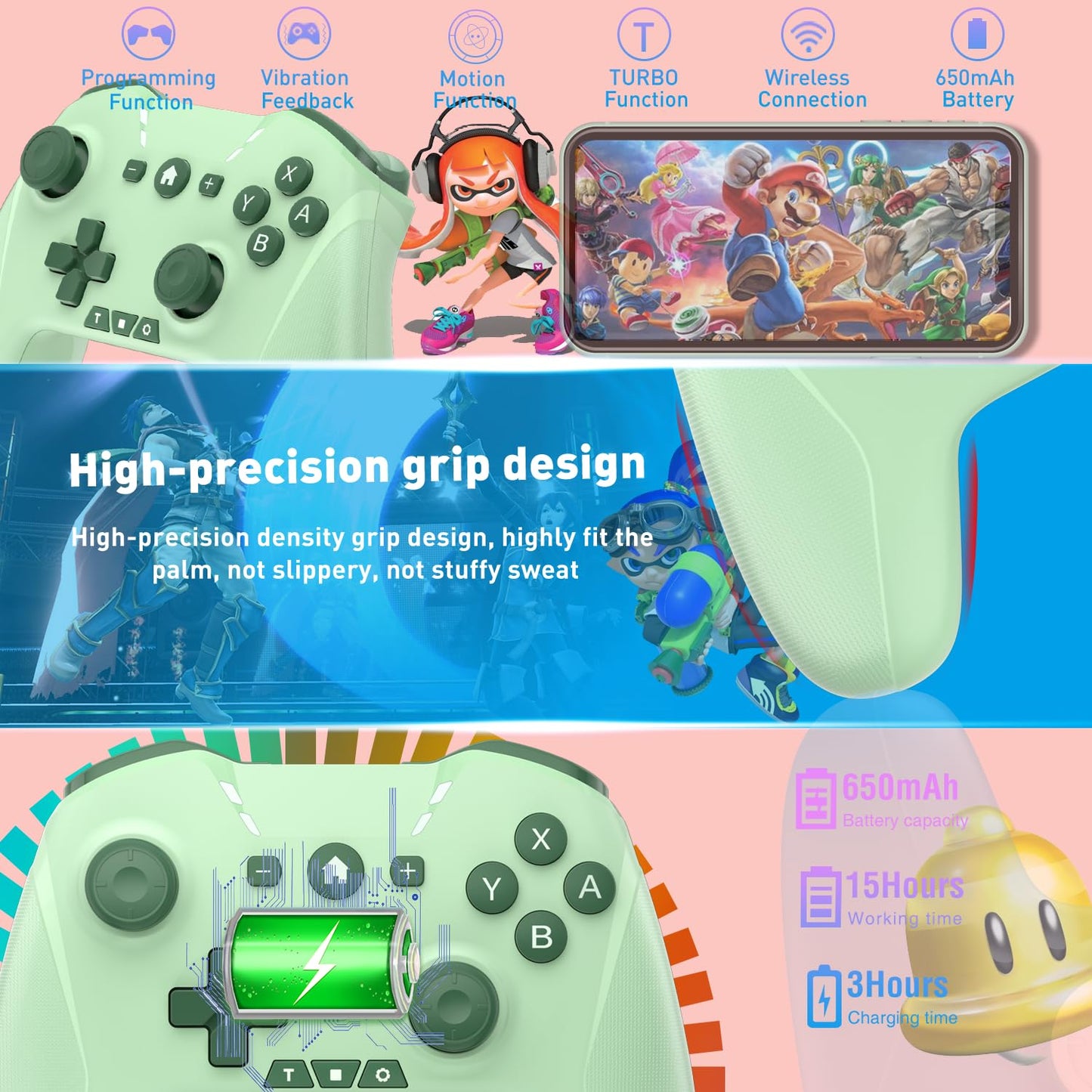 Bluetooth Controller for Switch/Mac/PC/Steam/Mobile Phone/iOS/Android//TV/iPad/Table/Apple Arcade MFi Games, switch pro controller wireless with Adjustable Dual Motion,Turbo,Macros,6-Axis,Wake Up for Black Myth: Wukong (Black) (Purple) (Green)