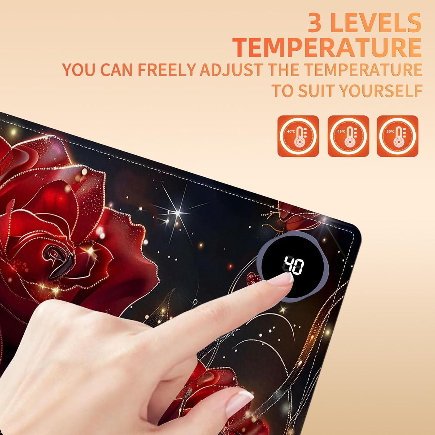 Heated Mouse Pad, Warm Desk Pad, Keyboard Mat 31.5 x 13 Inch Large Size Intelligent Fast Heating, 3 Speed Adjustable, Timed Auto Power Off for Game Office Home,Flowers Roses