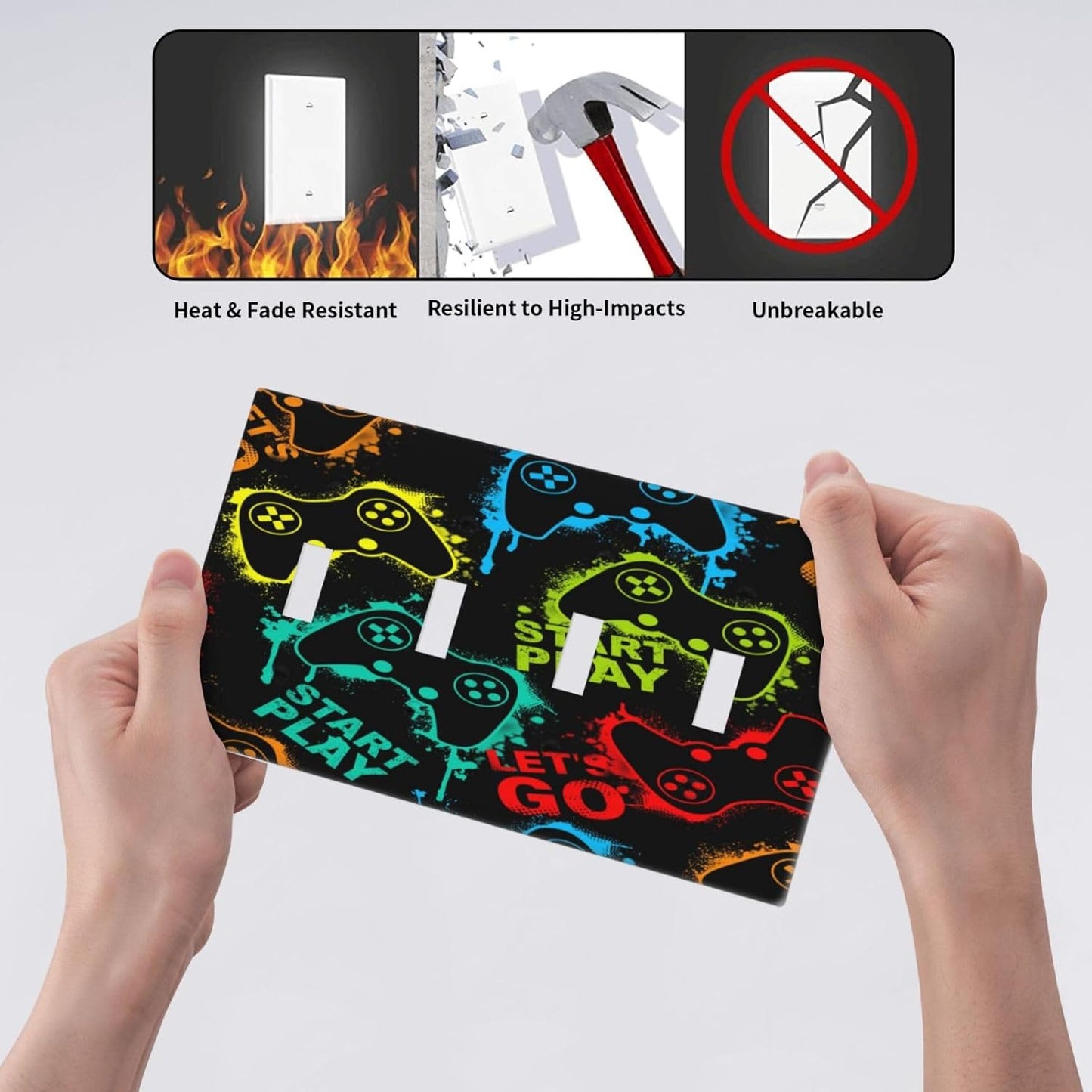 Decorative Light Switch Plate Covers Gamepad Theme Graffiti 4 Gang Light Switch Cover Quad Toggle Wall Plate Outlet Covers for Game Room Bedroom Home Decor