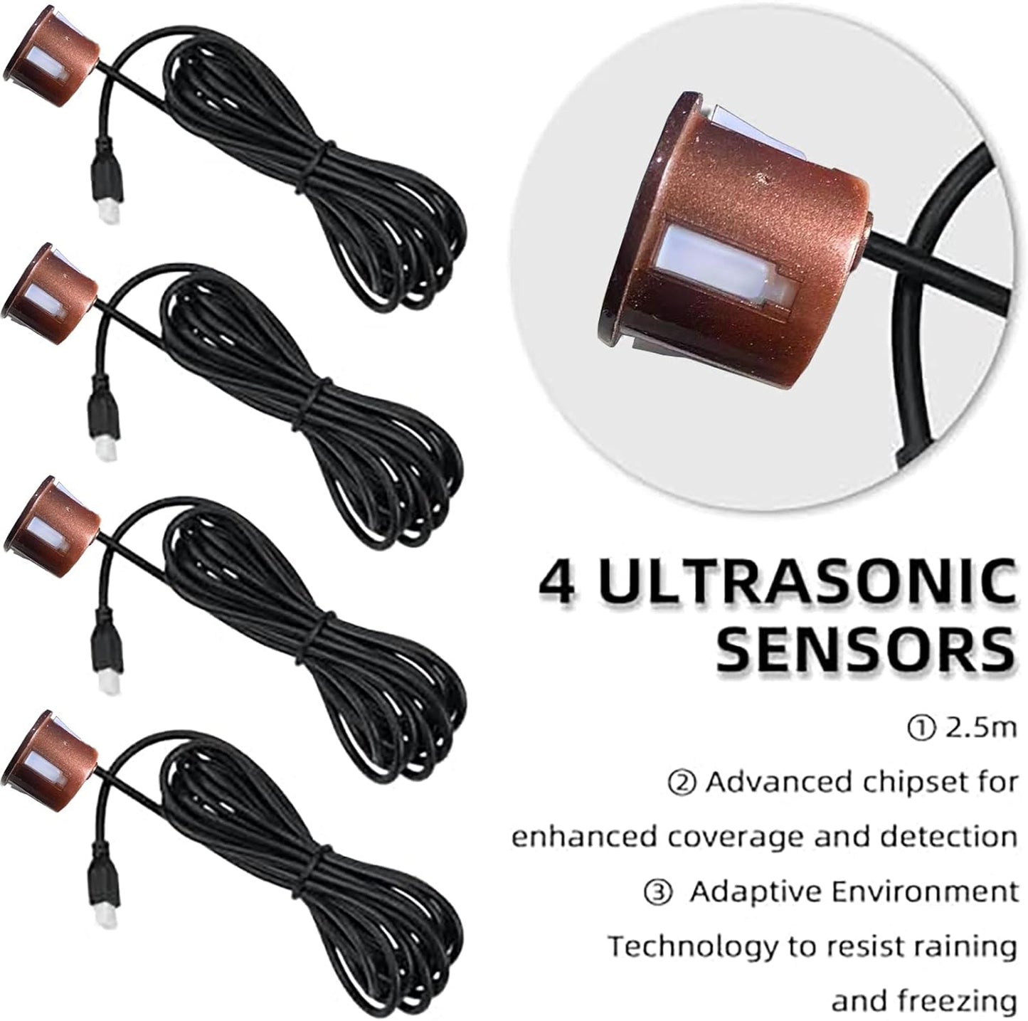 New Feature Rear Parking Sensor with Selectable Distance in Feet, Bidirectional Display Options, and Customizable Numeric Orientation and There are 18 Color Probes to Choose from(Brown)