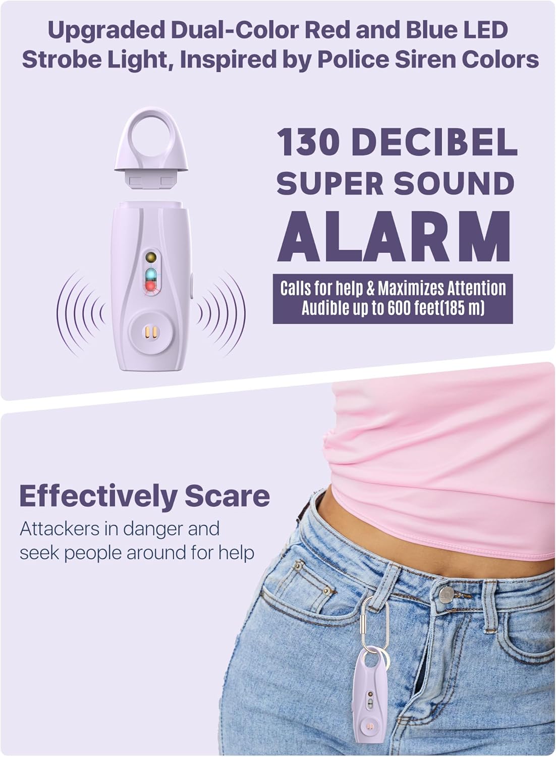 Rechargeable Personal Safety Alarm Keychain, Upgraded Dual-Color Red & Blue Strobe Light, LED Flashlight, 130dB Loud Siren, Safe Personal Alarm for Women, Kids and Elders