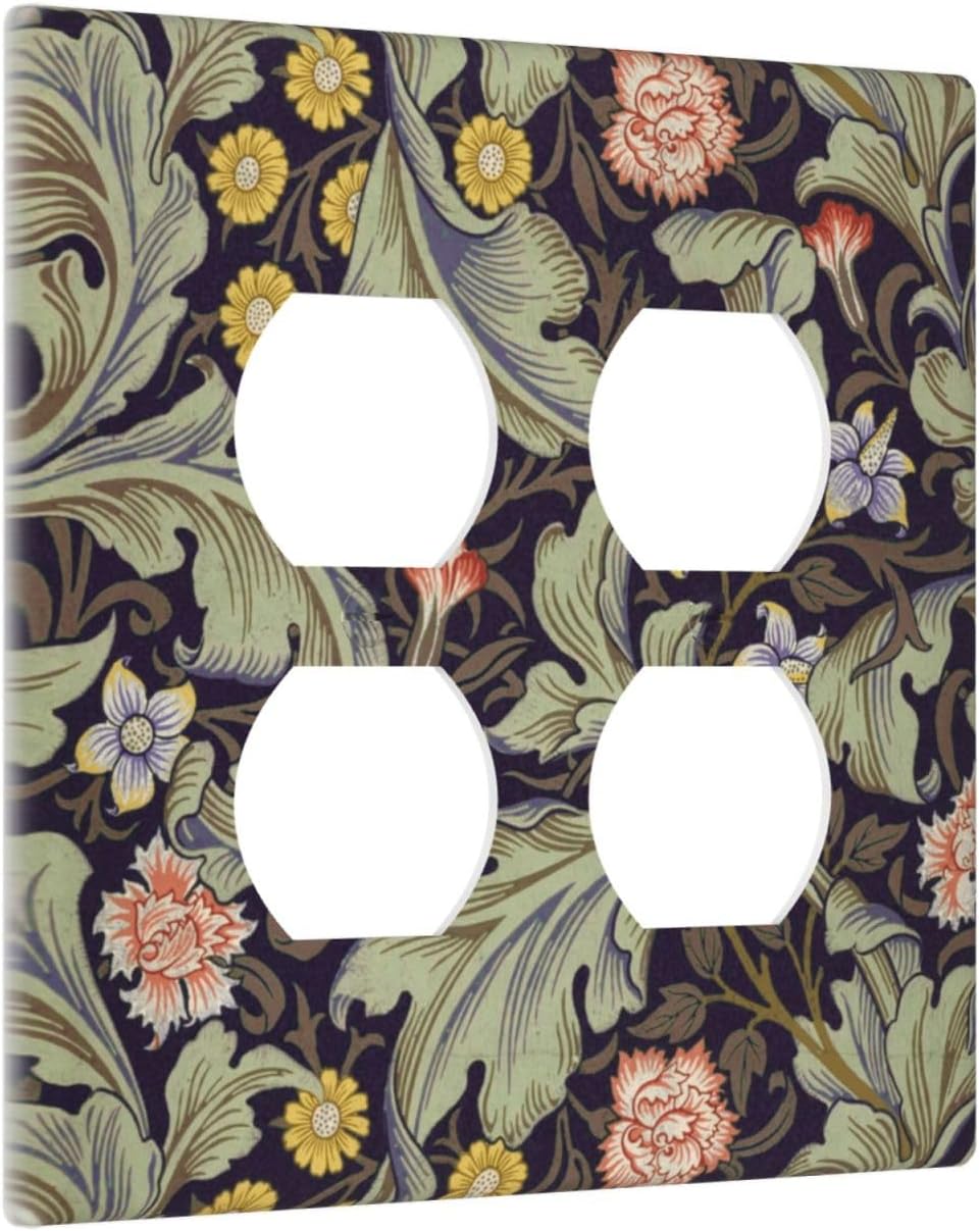 Boho William Morris Floral Green Leaves Flower Outlet Covers 2 Gang Double Duplex Decorative Light Switch Covers Electrical Wallplates Socket Faceplate for Farmhouse Home Decor