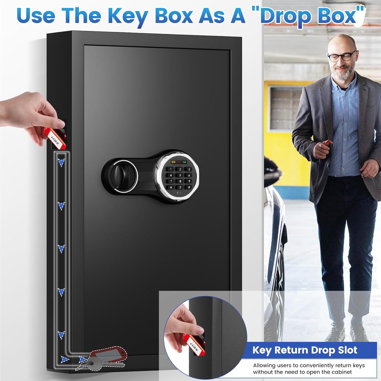 206 Keys Combination Lock Key Cabinet with Colorful Key Tags, Anti-Theft Key Lock Box with Side Drop Slot, Heavy Duty Key Organizer Wall Mount for Car Garage House Rental Office Business