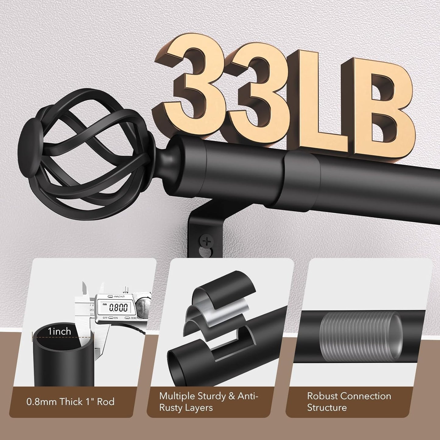 Curtain Rods for Windows 28 to 48, 1 Inch Adjustable Decorative Black Curtain Rod, Modern Heavy Duty Drapery Rods with Twisted Cage End, Telescoping Splicing Structure, Size 32"-60"