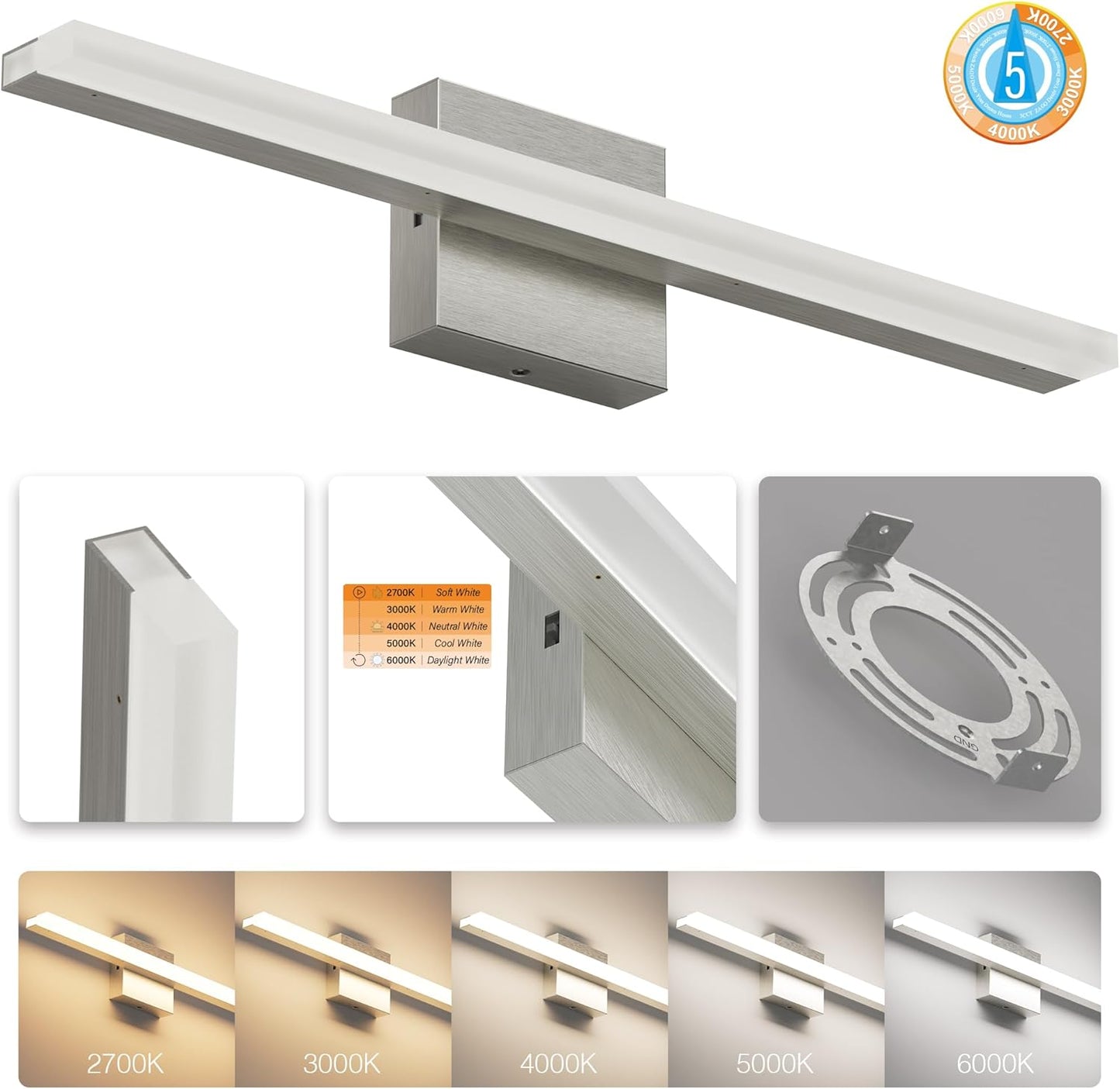 ZAGO 24 Inch Bathroom Linear Vanity Light Fixtures Over Mirror - LED Modern Wall Mounted Adjustable Hardwired Picture Lighting Bar with 5CCT Switchable, ETL & Damp Rated, Chrome, 2 Packs