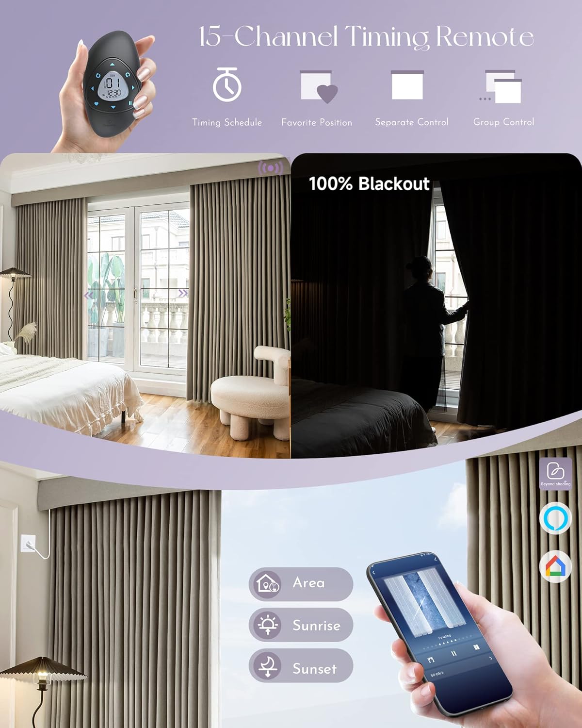 Graywind Hardwired Smart Curtains Motorized Blackout Curtain with Remote Alexa Google Control for Sliding Door Thermal Insulated Drapes One-Way or Split Draw, Custom Width to 220" (Mocha Beige)