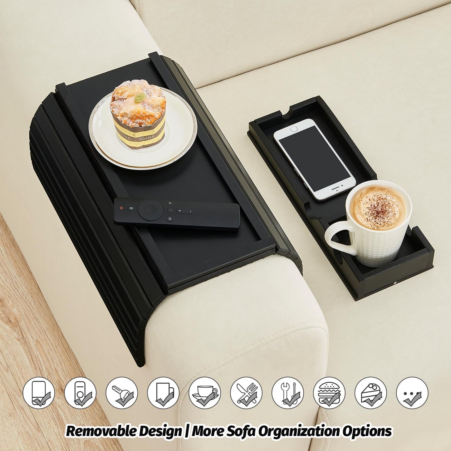 GEHE Detachable Couch Cup Holder, Anti Falling Sofa Arm Tray, Natural Bamboo Sofa Cup Holder More Safe for You Family, Portable Couch Arm Tray Armrest Table for Remote, Snacks, Phone, Drinks